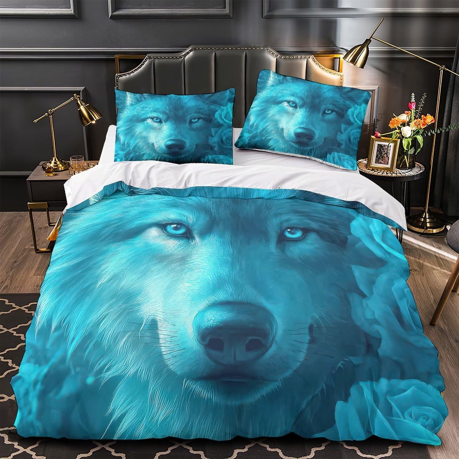 Housse de couette Loup Bleu 260x220 cm en microfibre avec 2 taies d'oreiller