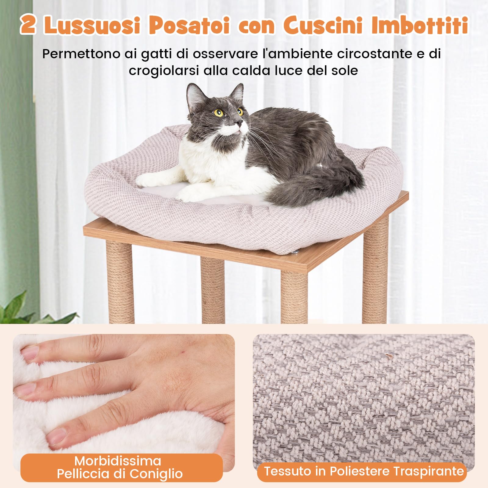 COSTWAY Tiragraffi in Legno 120cm, Torre con Graffiare in Sisal per Gatti a Tema Sportivo con 2 Piani, 2 Posatoi, Amaca e Cuscini Imbottiti, Mobile per Animali Domestici, Naturale