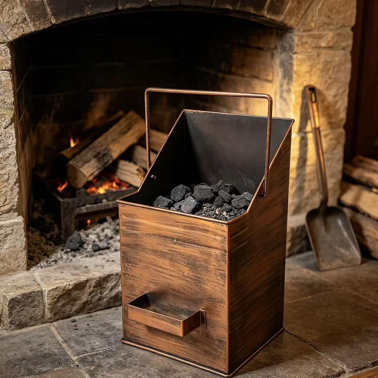 Ascheeimer Ascheeimer mit Deckel Kamin Ascheeimer Aschenträger Eimer Ofenzubehör Aus Eisen mit Schräger Öffnung für Leichtes Schaufeln Und Ausgießen F, Kupfer
