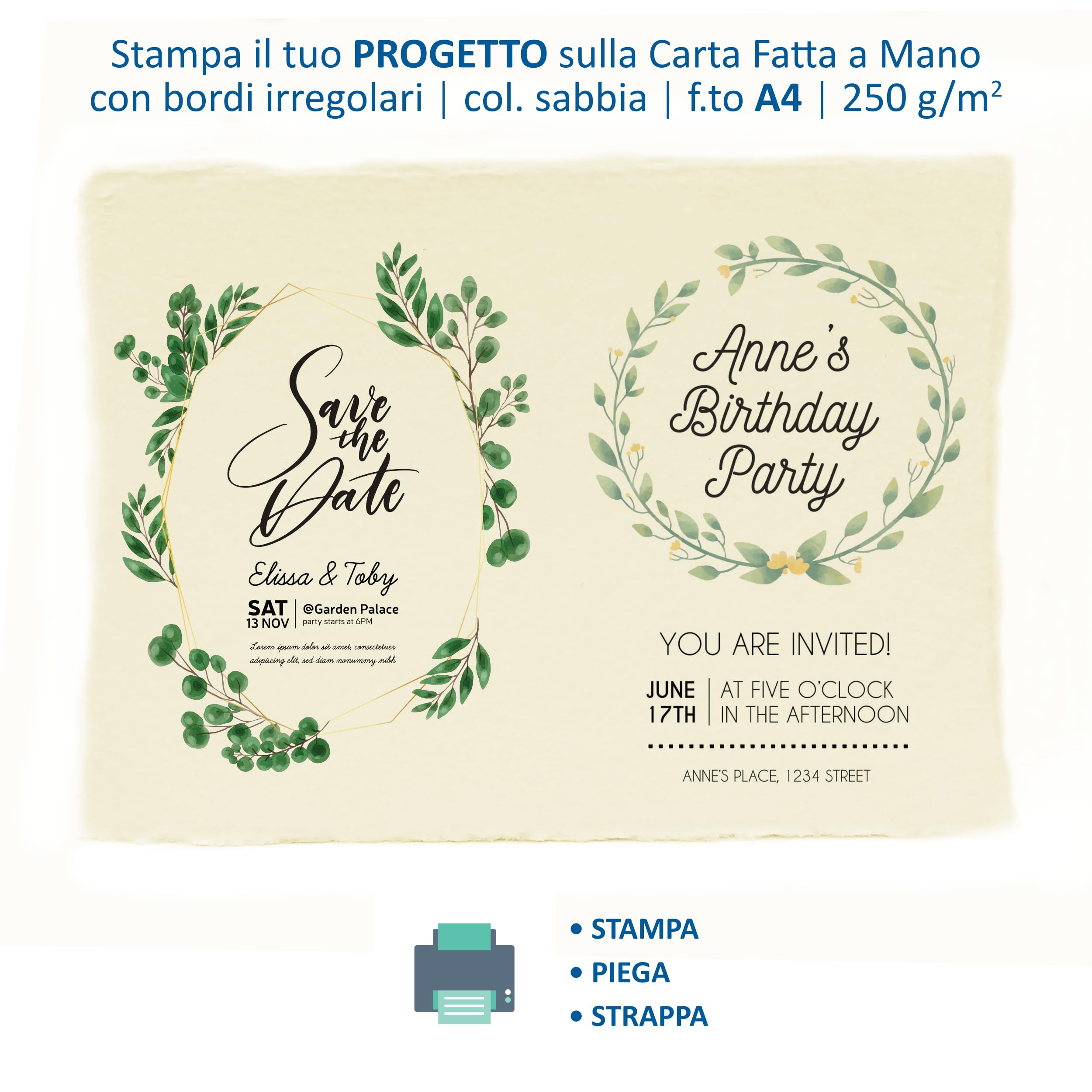 Generico Fogli in Carta A4 Fatta a Mano con Bordi irregolari, 21x29,7cm, 250 g/m2, Confezione da 10, per inviti, biglietti, partecipazioni, Made in Italy (Sabbia)