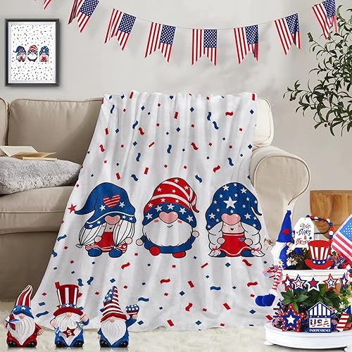 Manta patriótica de gnomos, regalos para el día independiente, decoración del 4 de julio, Día del Trabajo, manta de cama para el Día de los