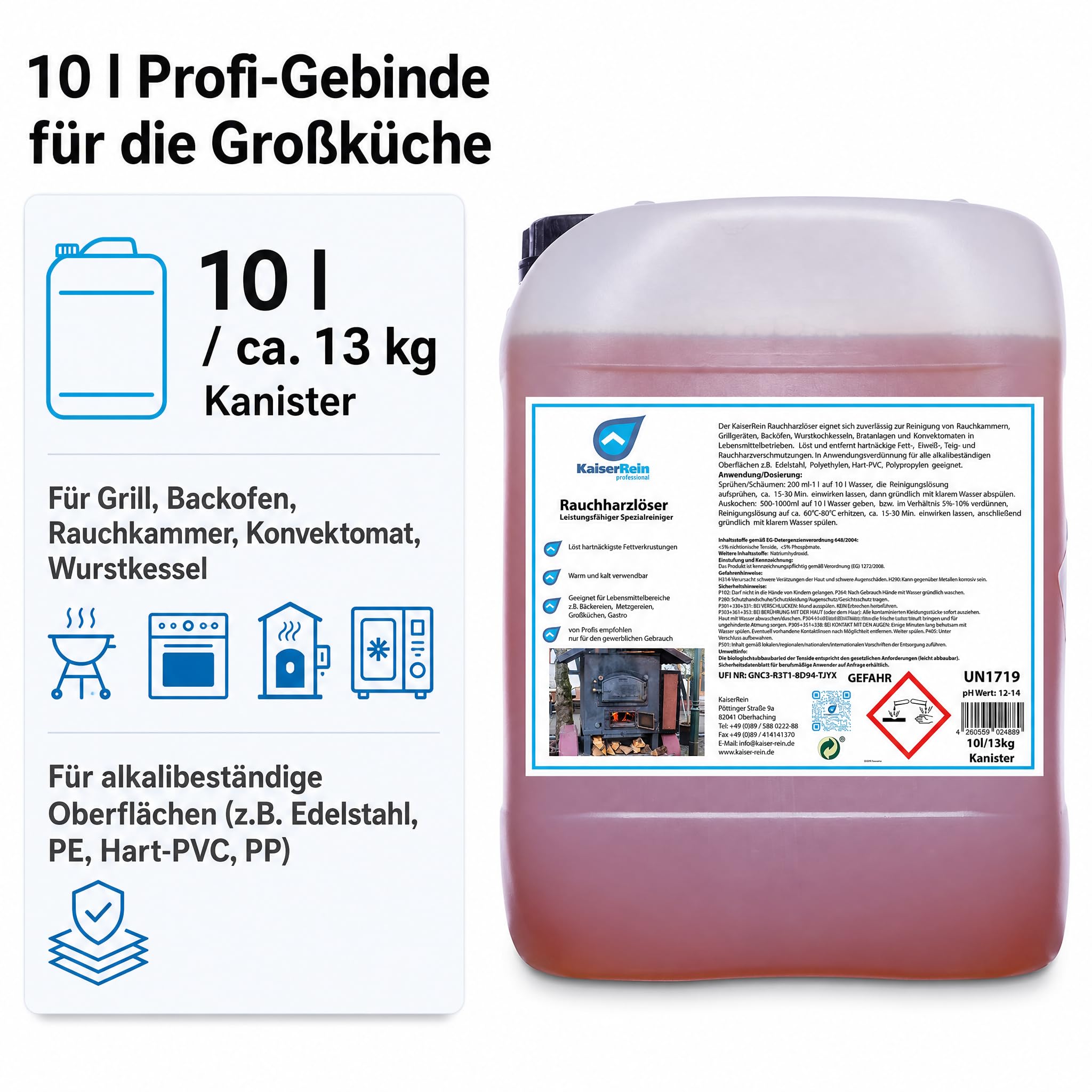 KaiserRein Grillreiniger Profi Rauchharzentferner, Backofenreiniger extra stark, 10-l-Kanister, schäumbar, warm/kalt, für Rauchkammern, Grills, Öfen, Konvektomaten, stark alkalischer Gastro-Reiniger