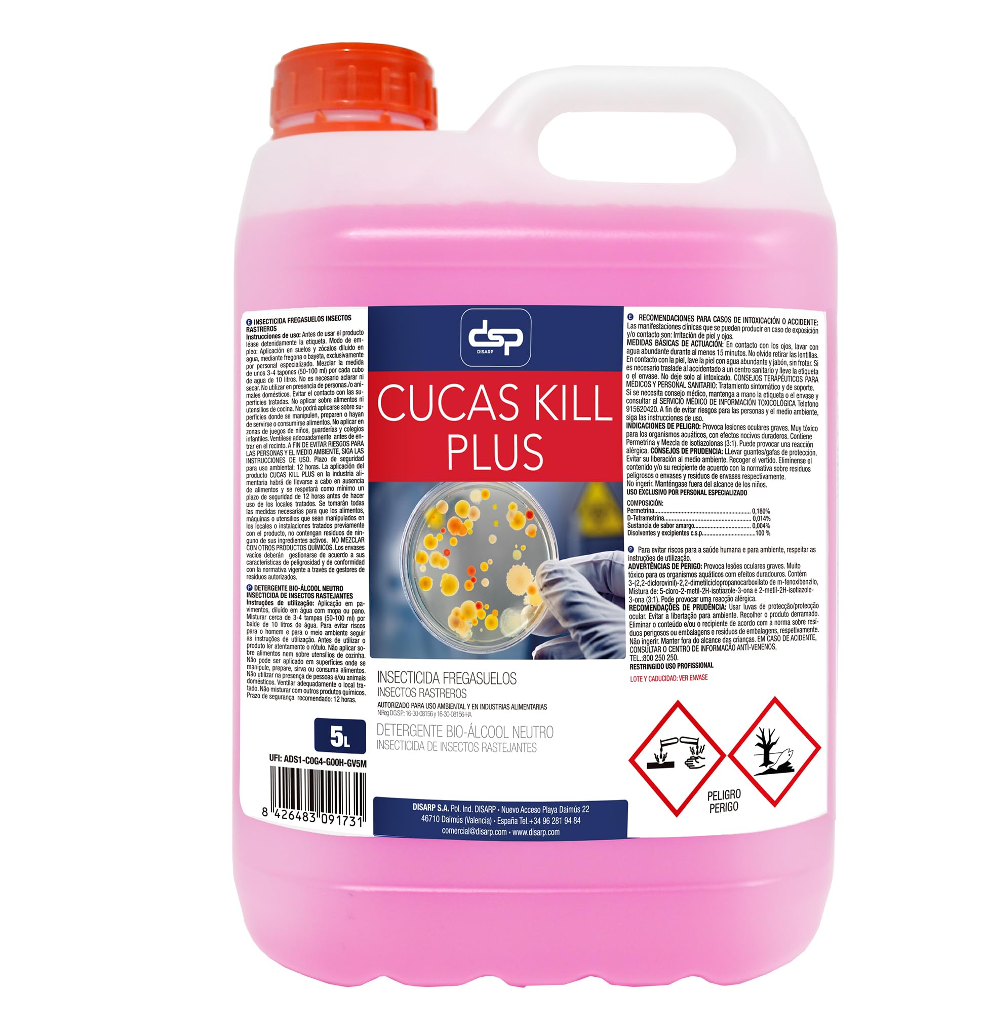 CUCAS KILL Insecticida Fregasuelos, Elimina Hormigas, Cucarachas y Arañas, Efecto Preventivo 15 Días, Aroma Neutro, 5 Litros