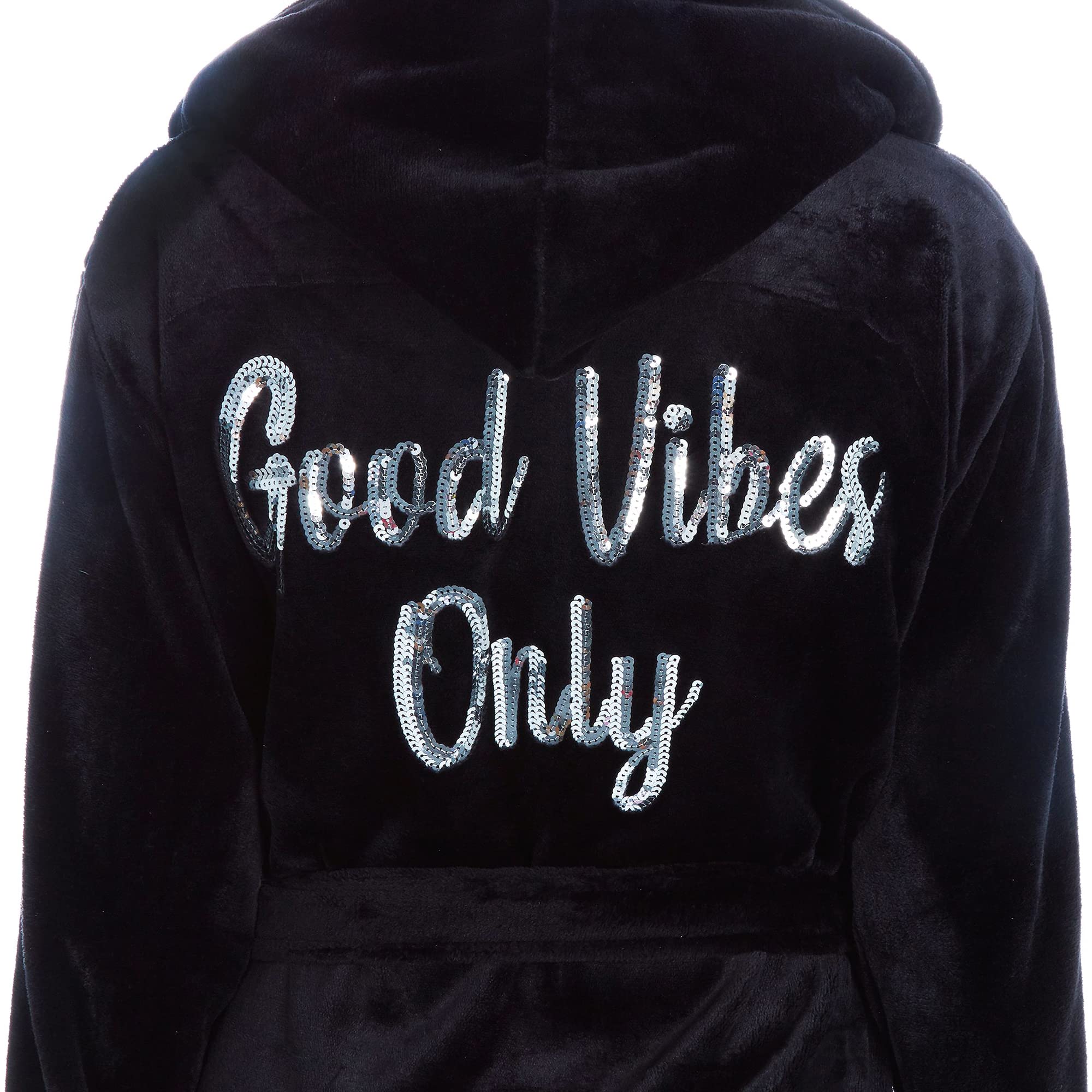 i-Smalls Robe de chambre à capuche en polaire super chaude avec slogan à paillettes Good Vibes Only