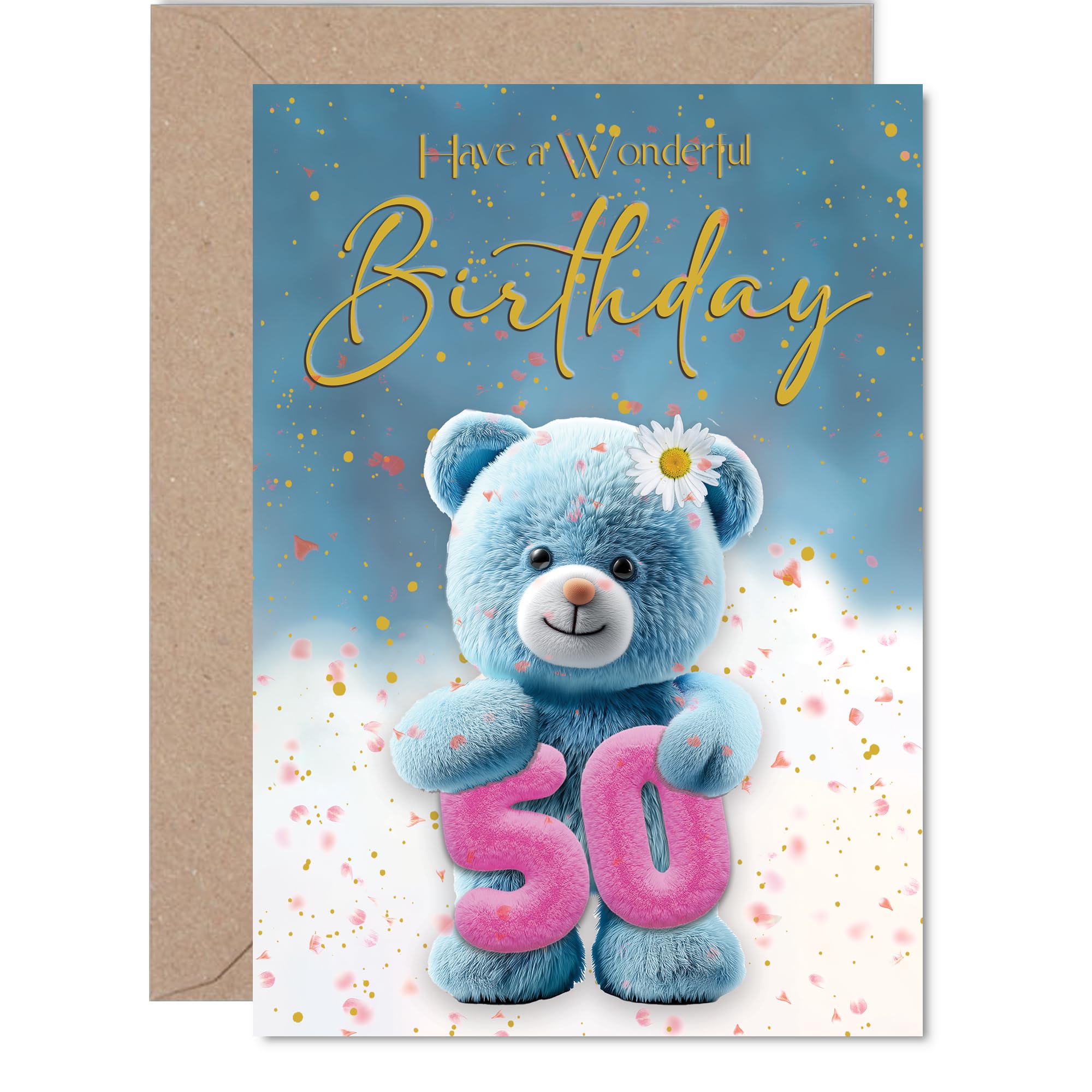 Milestone 50th Birthday Card - Raise a Smile at 50 - Cute Teddy Bear with Confetti and Gold Accents - A Cheery Touch for a Big Birthday Moment - A5, Envelope Included