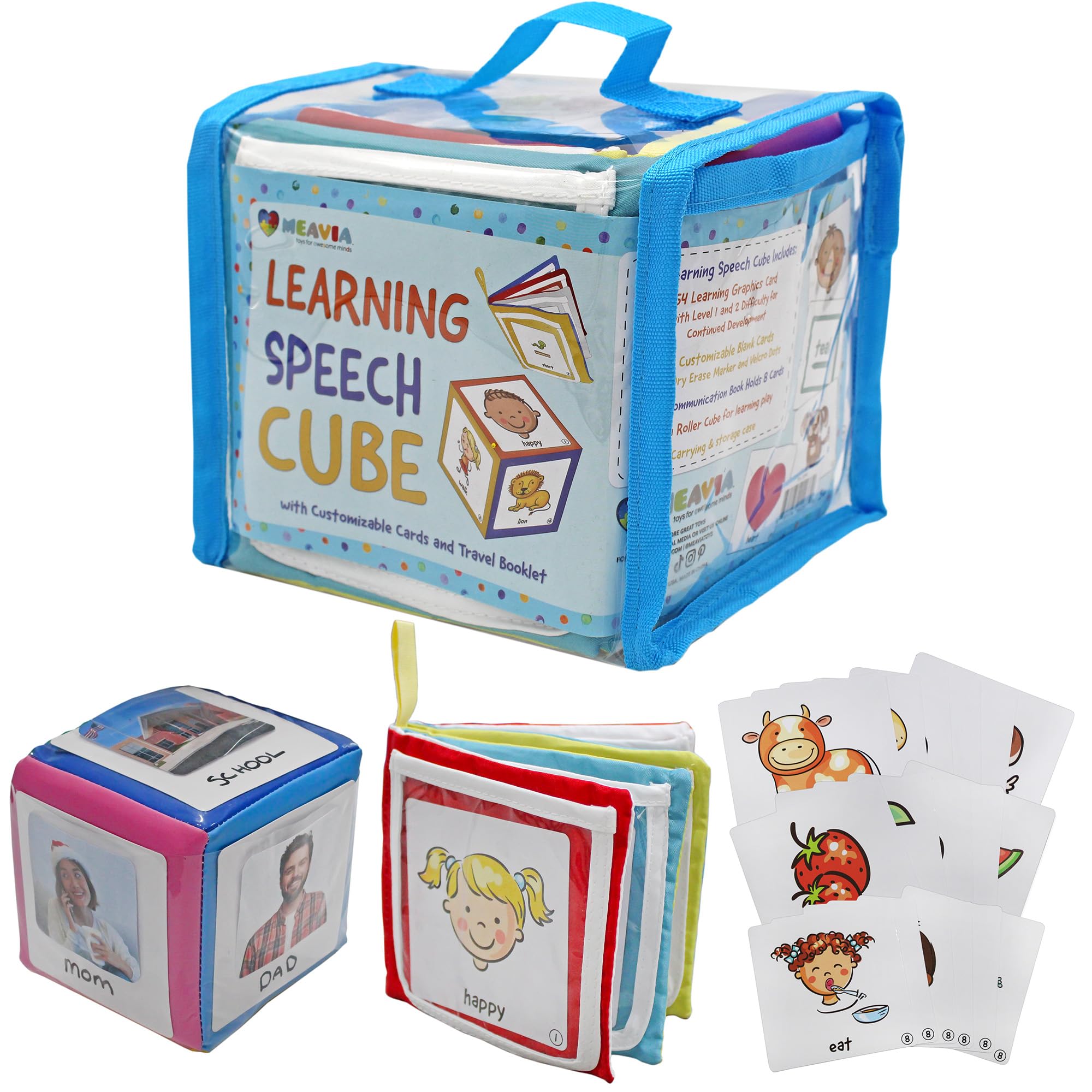MEAVIA Speech Learning Cube; Customizable Language Card Set w/Travel Case