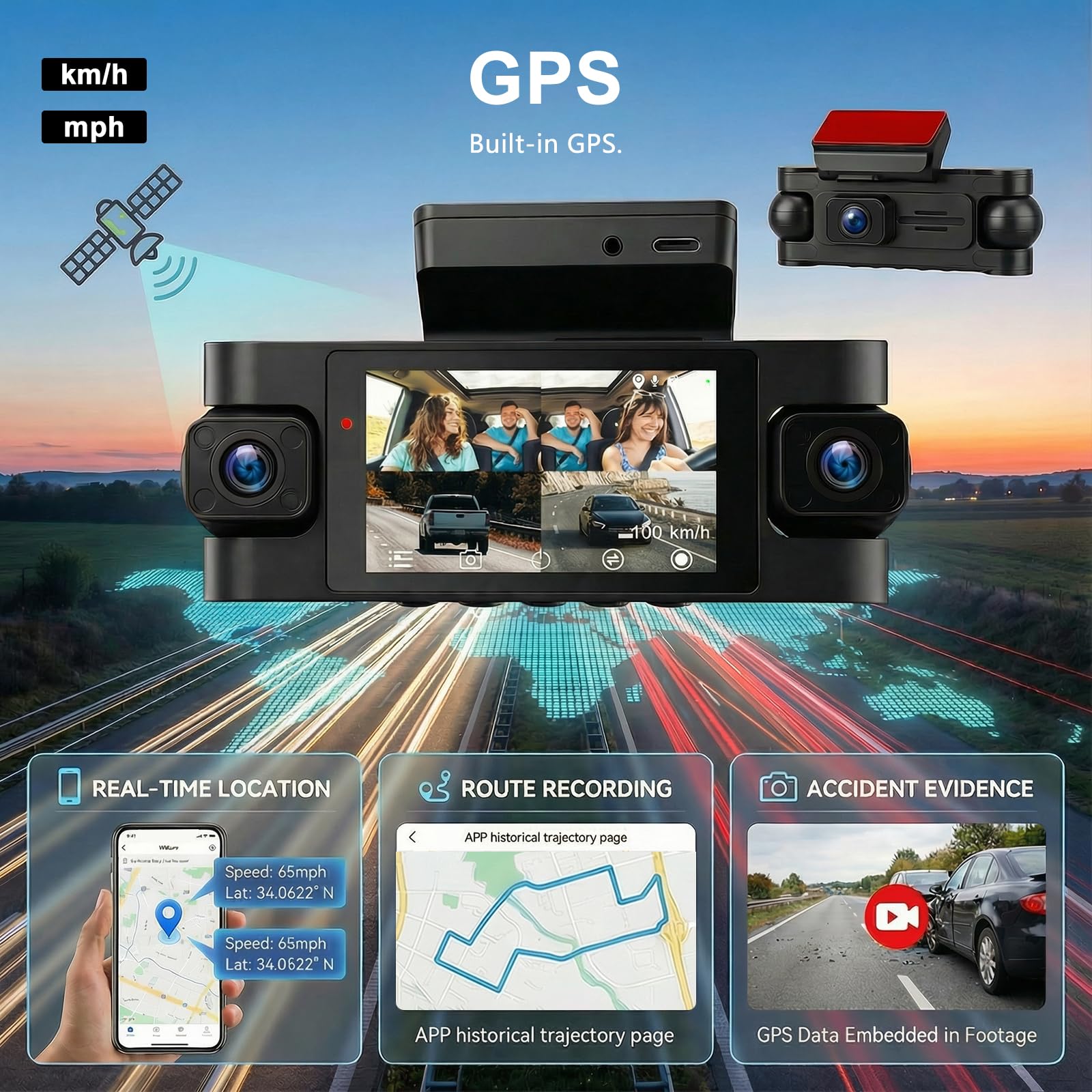 Dash Cam Auto 360 Gradi, 4 Canali Telecamera Frontale Retro e Interna con GPS e 5G WiFi, 2K+3 * 1080P, Schermo IPS da 3 Pollici, Visione Notturna, Modalità Parcheggio 24/7, G-Sensore