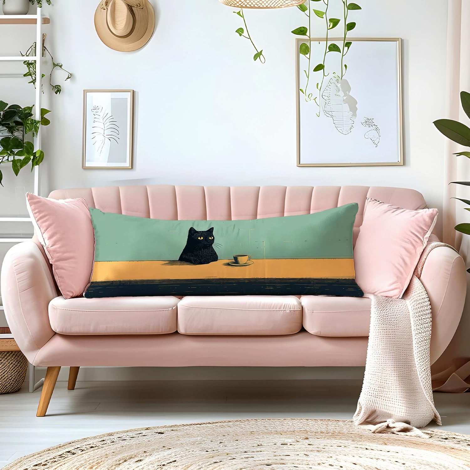 Black Cat 20x54 Body Pillow Cover, Aesthetic Black Cat Art Painting Long Body Hug Pillow Cases for Bed Couch Girls Room Home Coffee Shop