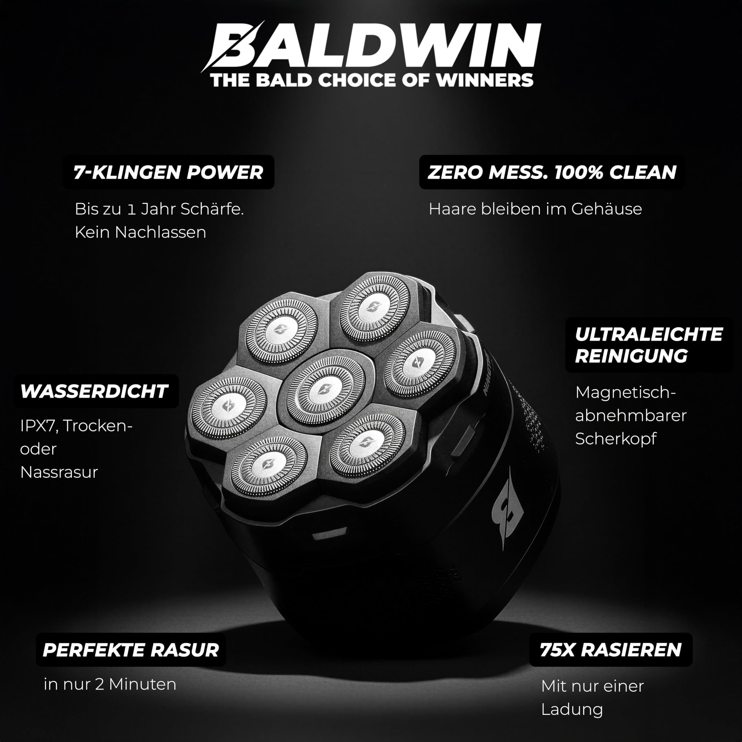 BALDWIN Glatzen Rasierer Herren – Glatzenrasierer 7D mit Magnetischen Scherkopf | Kopfrasierer Glatze | Bold Shaver Kopf | Head Shaver, Trocken und Nass Rasur, Wasserdicht, Kopf Rasierer