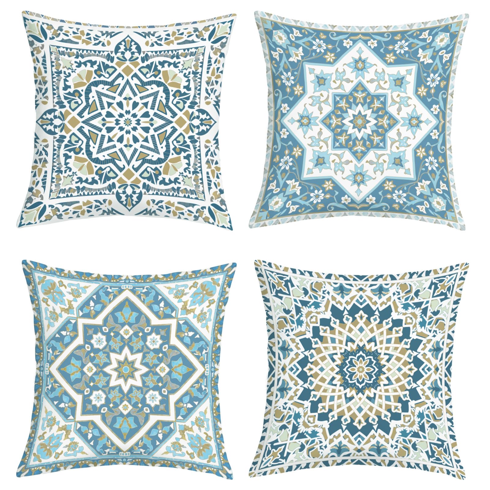 Joymaison Boho Oriental Blue Mandala Floral Cushion Covers 40 x 40 Pack of 4 Vintage Geometric Moroccan Flower Square Throw Pillow Case Decorative Sofa Cushion with Invisible Zipper