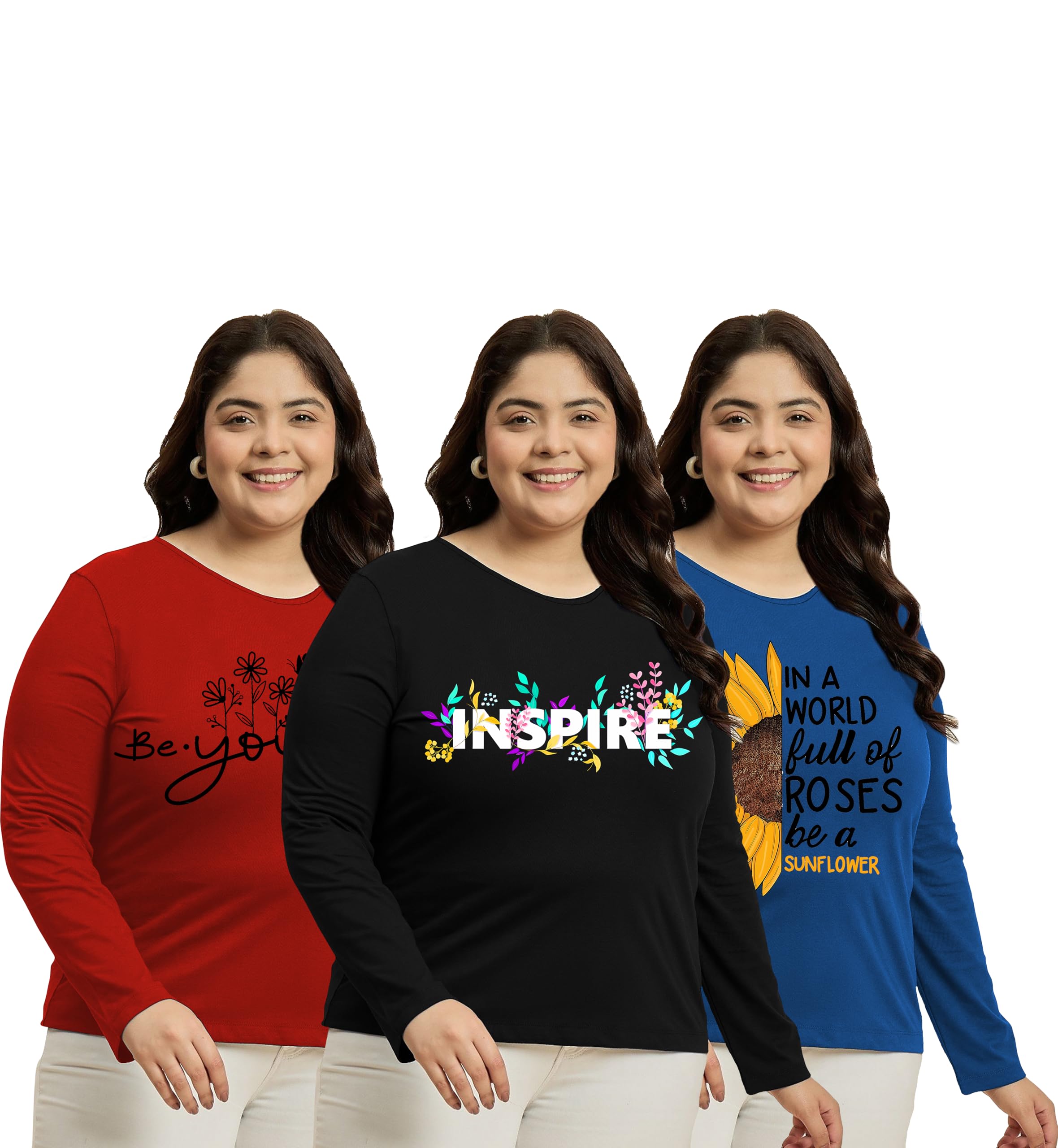 Elite soul Plus Size Womens Full Sleeve Cotton Blend T-Shirt_Casual, Gym, Sports, Lounge Wear Top_Graphic Print_Regular Fit_XL-2XL-3XL-4XL-5XL_3 Pack Combo-picture-3