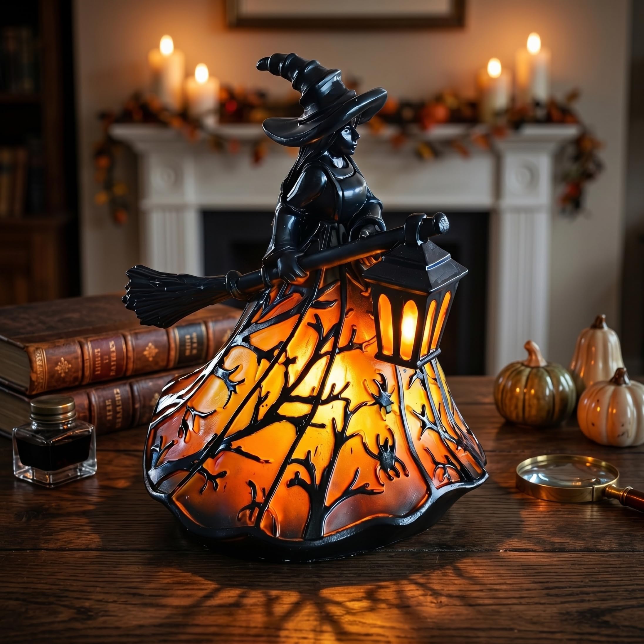 Faticenic Halloween Witch Lamp, Handcrafted Resin Witch LED Night Light for Home, Porch, Tabletop, Party Decor, Lamp