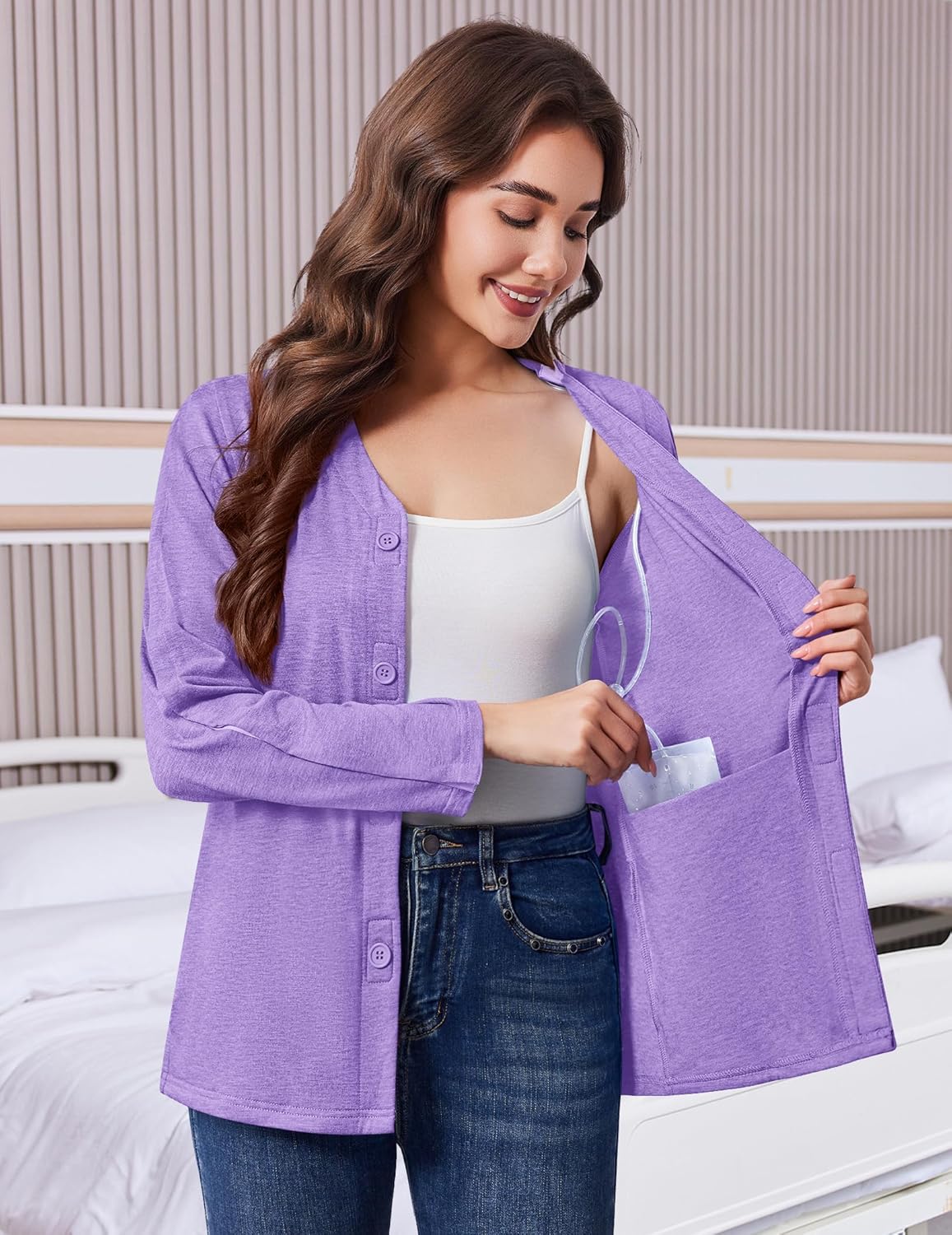 Deyeek Mastectomy Shirts with Drain Pockets Tear Away Side Snap Post Shoulder Surgery Shirts Women Chemo Port Dialysis Shirt - Image 2