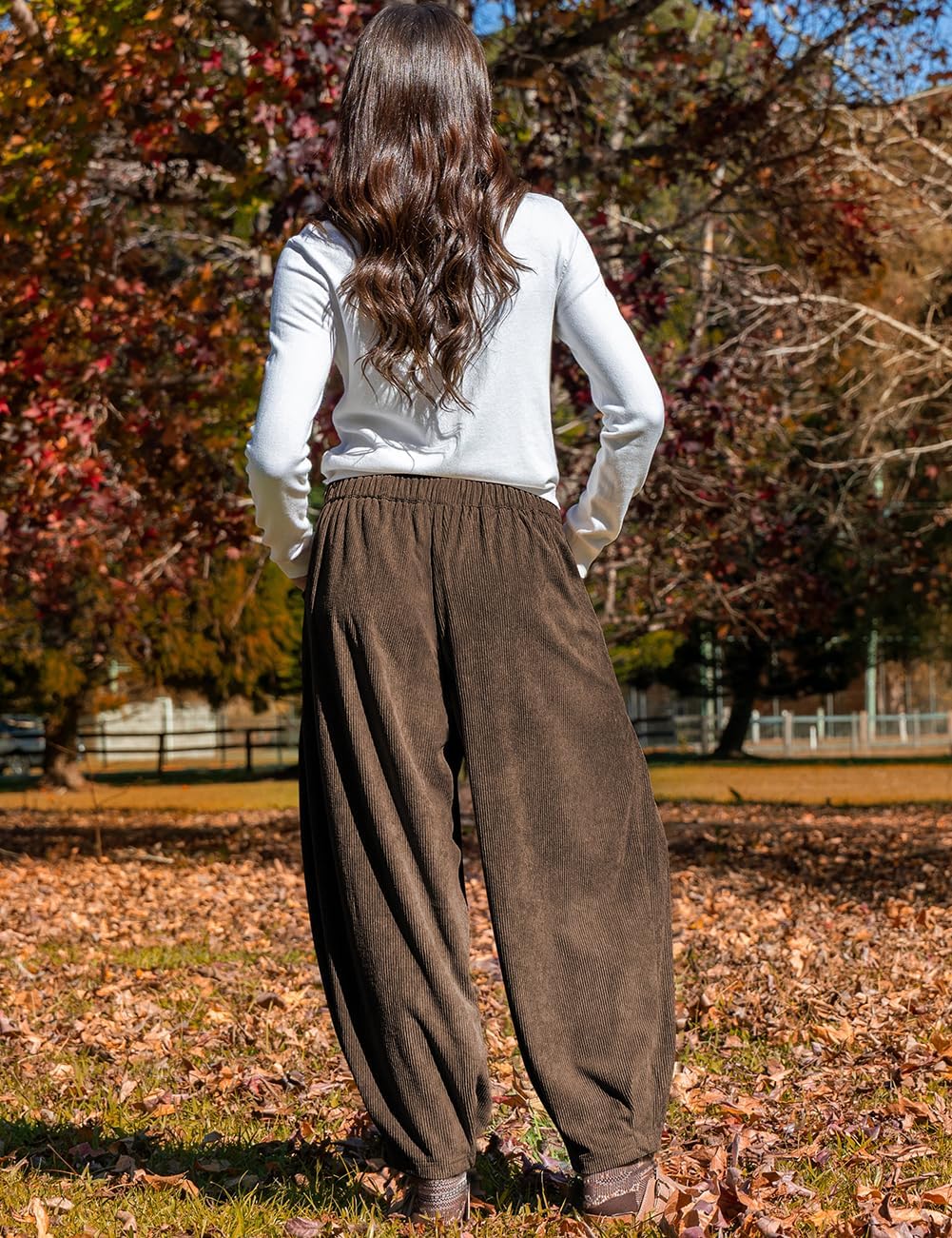 TARSE Womens Baggy Wide Leg Pants Corduroy Casual Drawstring Waist Palazzo Harem Pants with Pockets - Image 5