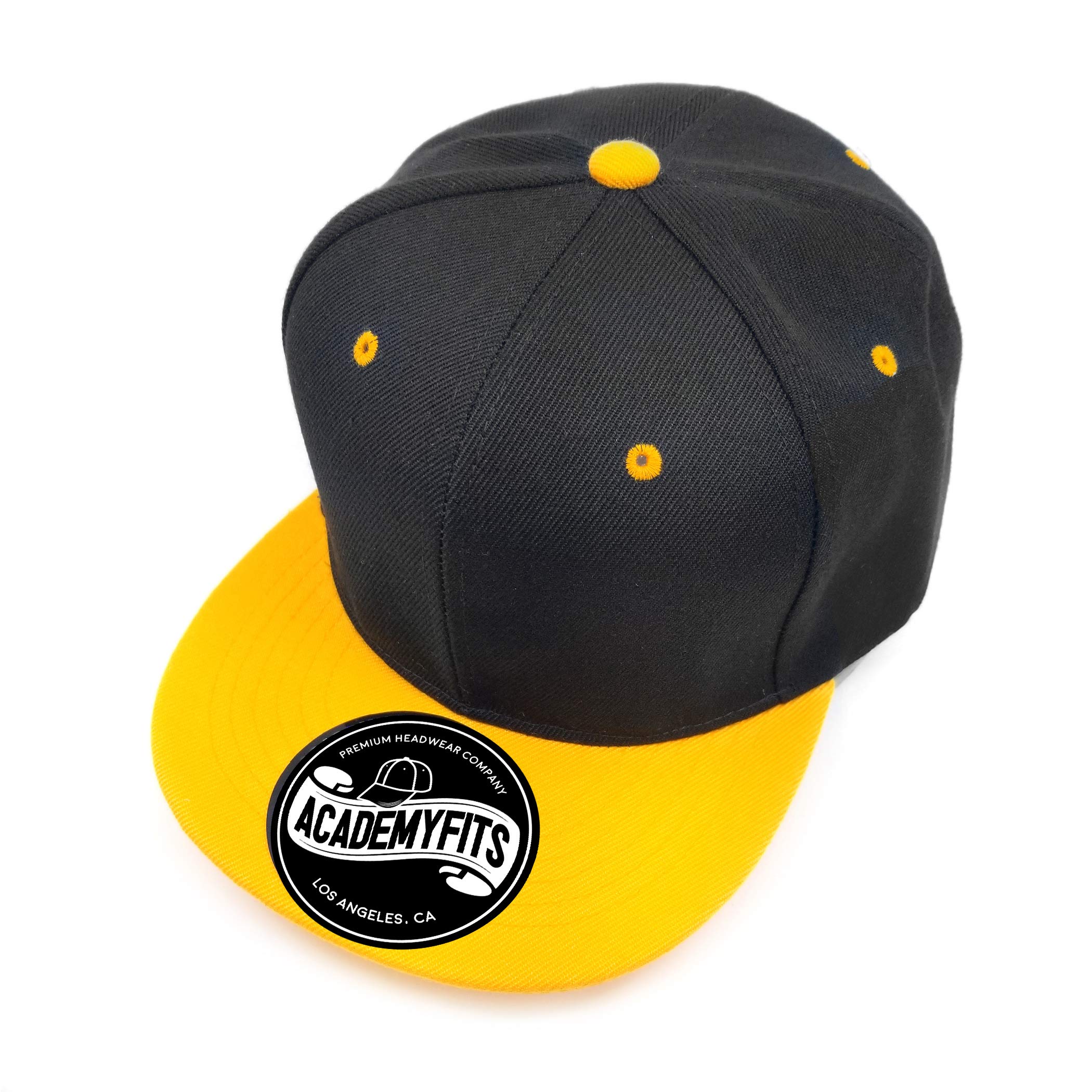 AcademyFits 6 Panel High Crown Acrylic Flat Visor Brim Snapback Men Women Unisex Design Plain Blank Solid Hat 2 Tone Cap (Black/Gold)