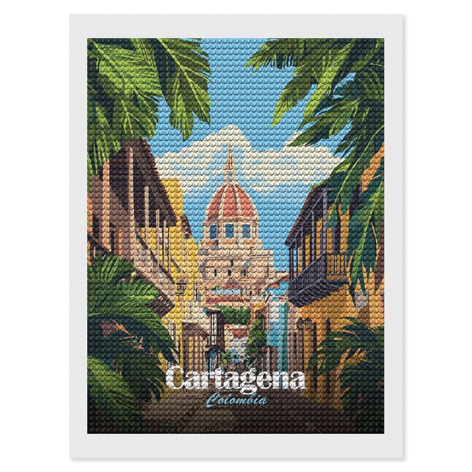 Junmoney Cartagena, Colombia Travel Diamond Painting Set 12"x16", Stress Relief Craft, Easy to Enjoy, Vintage Style Decor, Festive Craft Gift