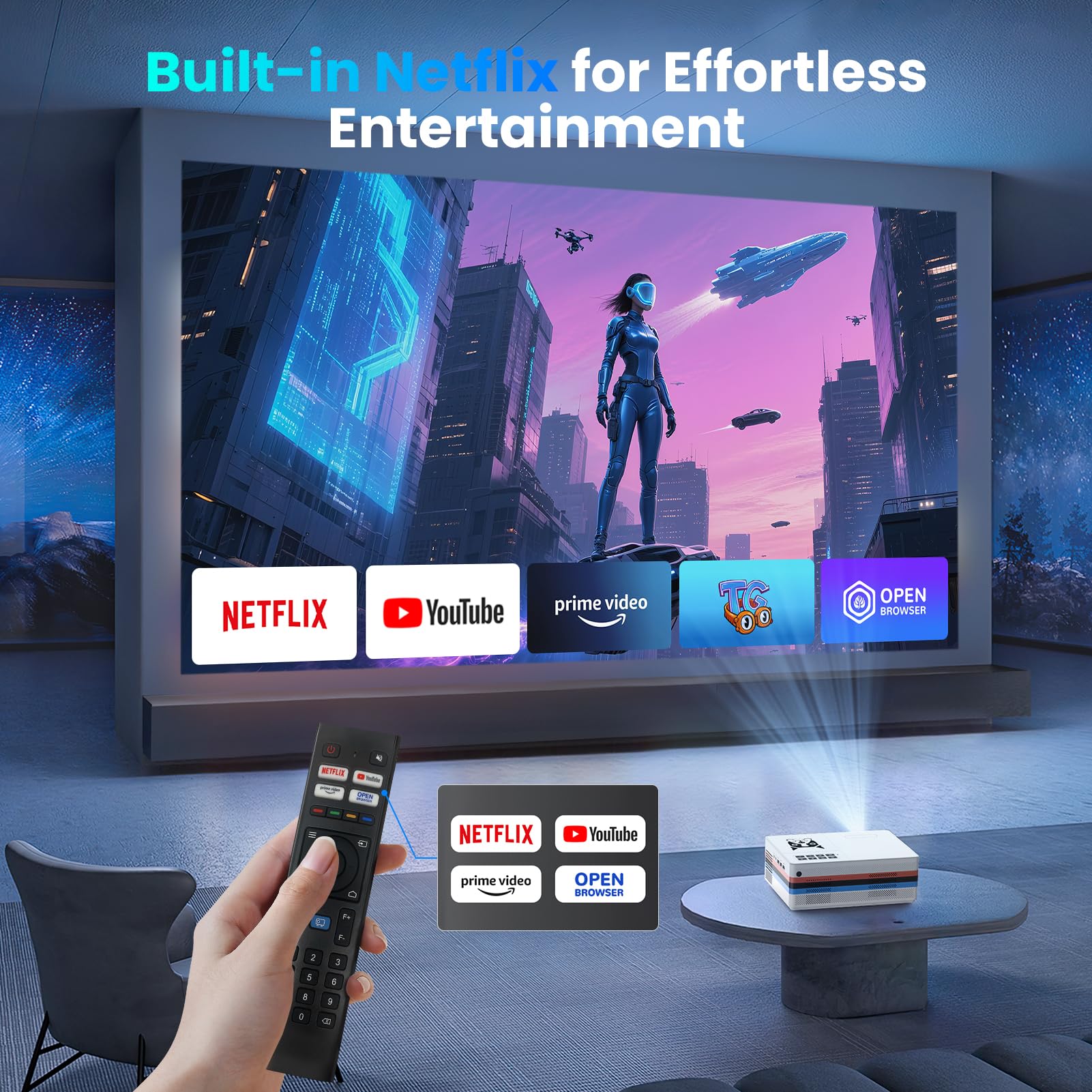 [Netflix officiellement/Dolby Audio] Projecteur intelligent FUDONI avec WiFi et Bluetooth 4K, Keystone automatique et mise au point électrique, projecteur extérieur 800ANSI avec applications, Netflix