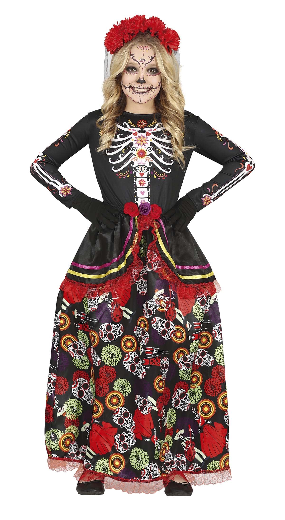 FIESTAS GUIRCA Disfraz de La Catrina - Vestido Largo Elegante y Diadema con Flores para Niñas