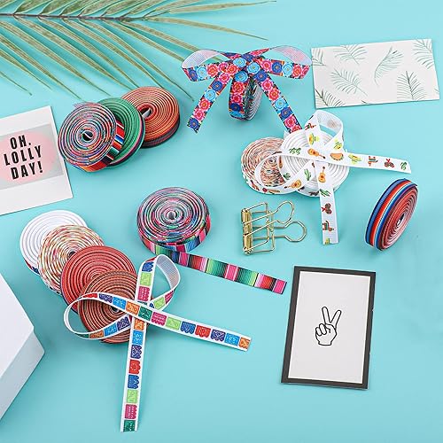Miniatura 4 de 12 rollos de cinta para fiesta de 3/8 pulgadas, cintas de grogrén mexicano de serape mexicano, rayas coloridas, piñata, cactus, guitarra, cinta