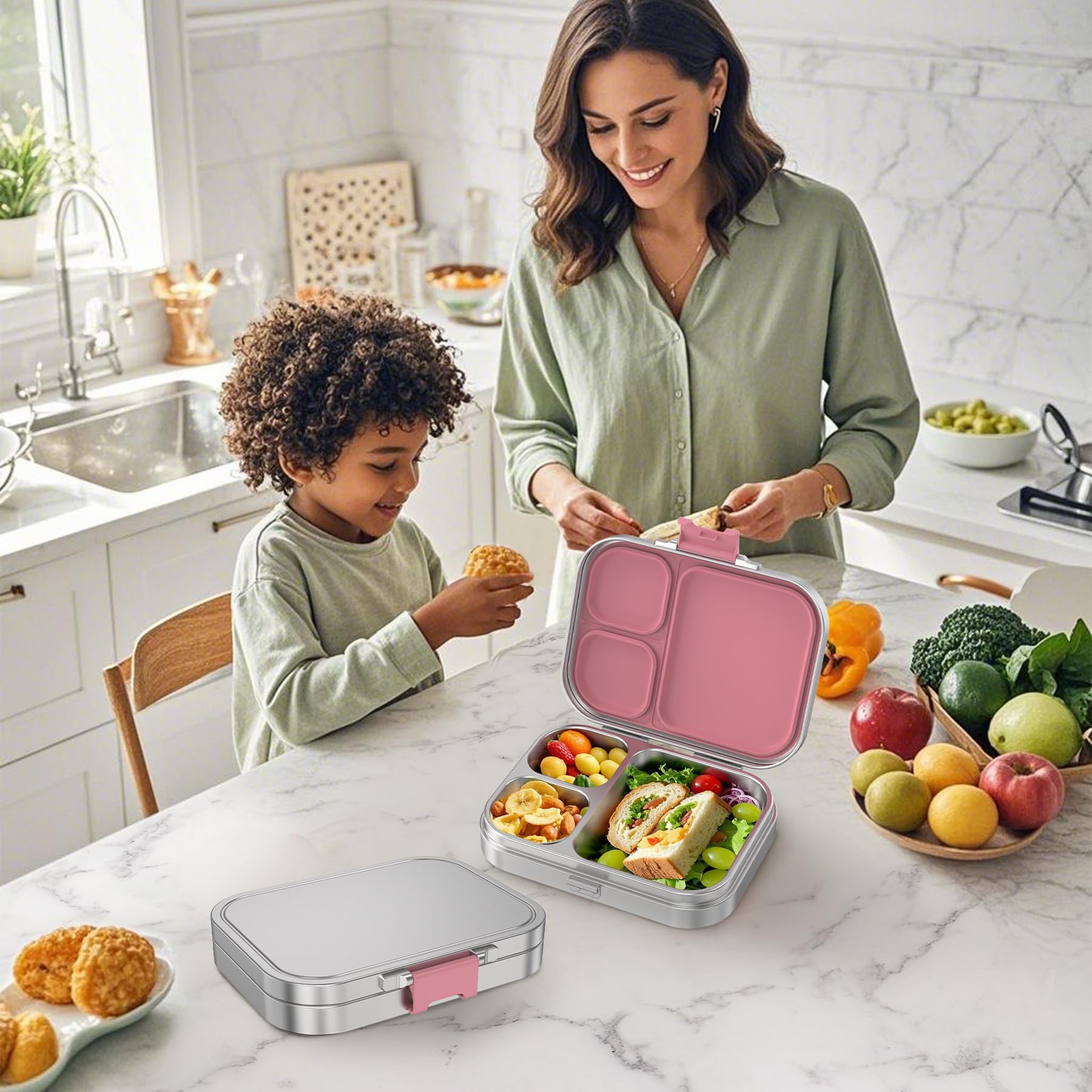 VITONIS Fiambrera de acero inoxidable para niños, fiambrera de metal Bento para niños, con 3 compartimentos y anillo de sellado, fiambrera adecuada para niños y adultos, apta para lavavajillas (rosa