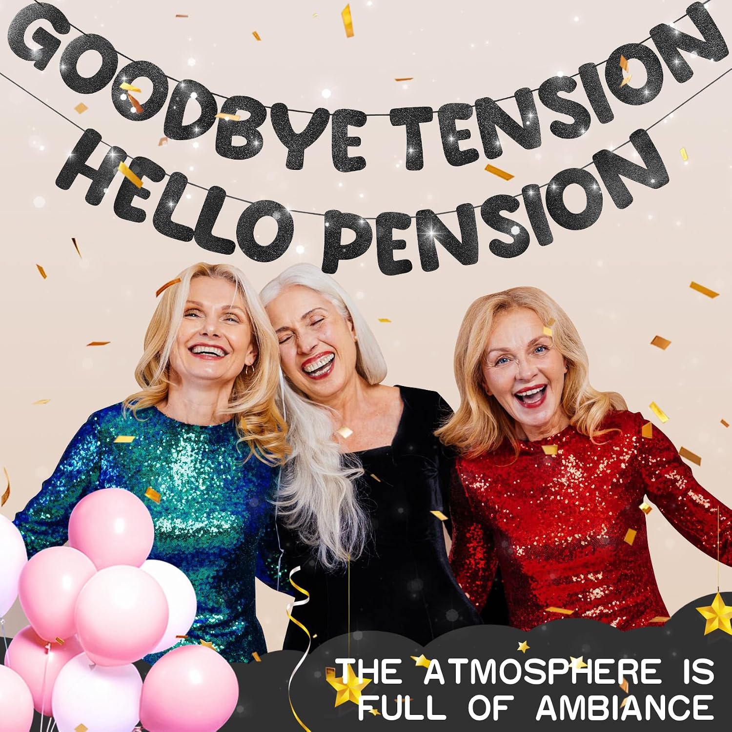 Retirement Banner Pre-Strung GOODBYE TENSION HELLO PENSION Banner Glitter Retirement Party Supplies Decorations for Women Men Office Home Decor (Black) image 5