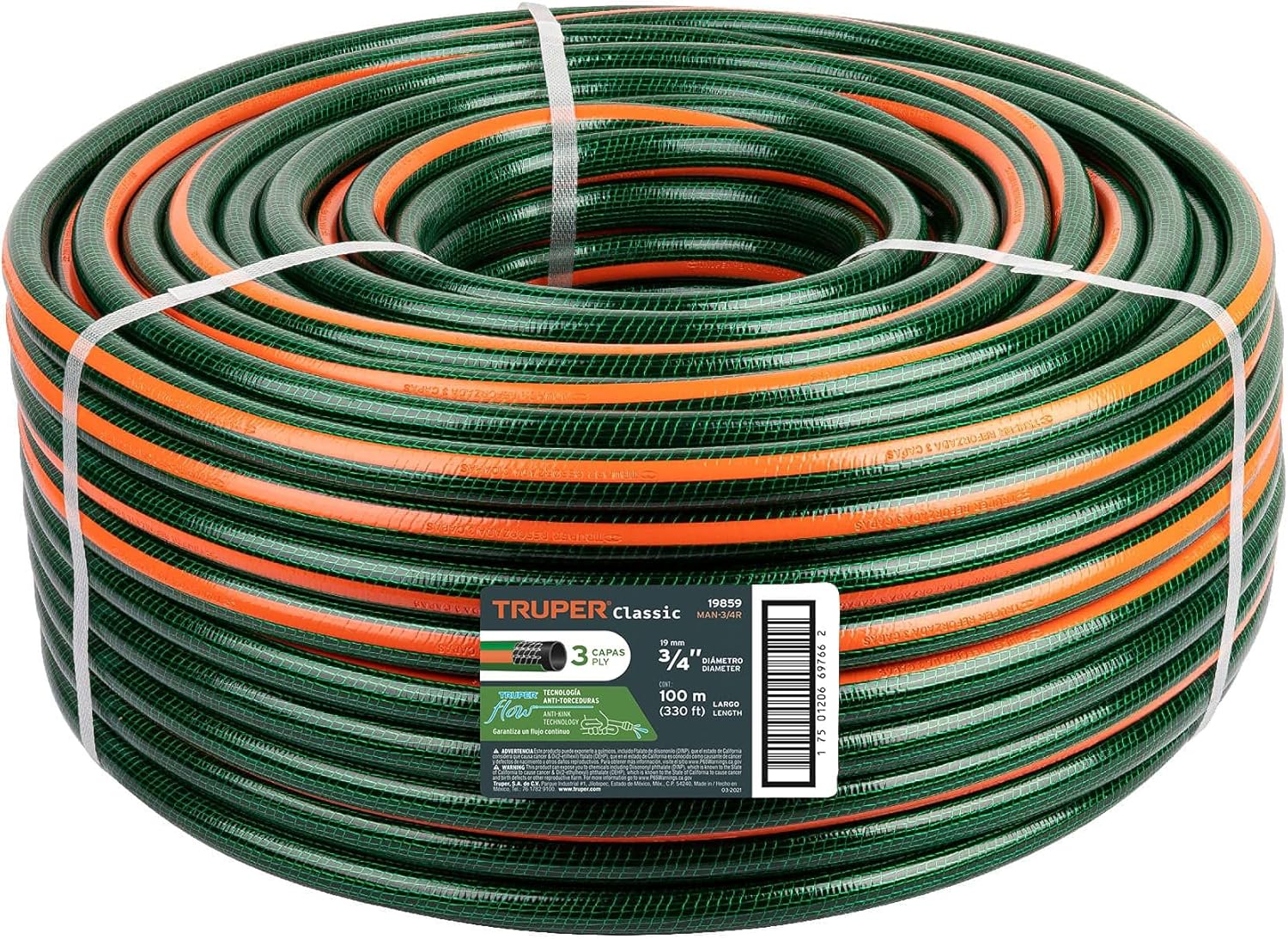 TRUPER MAN-3/4R 3/4" Reinforced Hose, 3-Ply, 328 ft (100 m) Coil