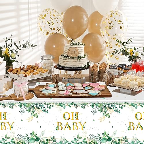 Miniatura 7 de Paquete de 6 manteles de plástico para baby shower, decoración de fiesta de eucalipto, papel de aluminio dorado, desechable, hojas verdes,