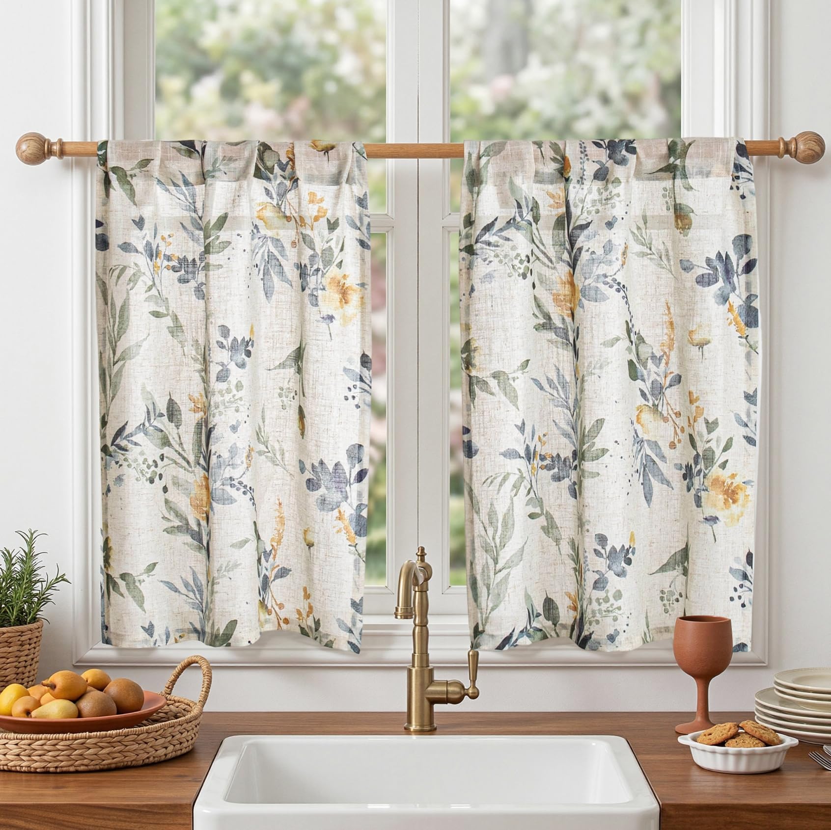 MYSKY HOME Floral Linen Kitchen Tier Curtains 36 Inch Long 2 Panels