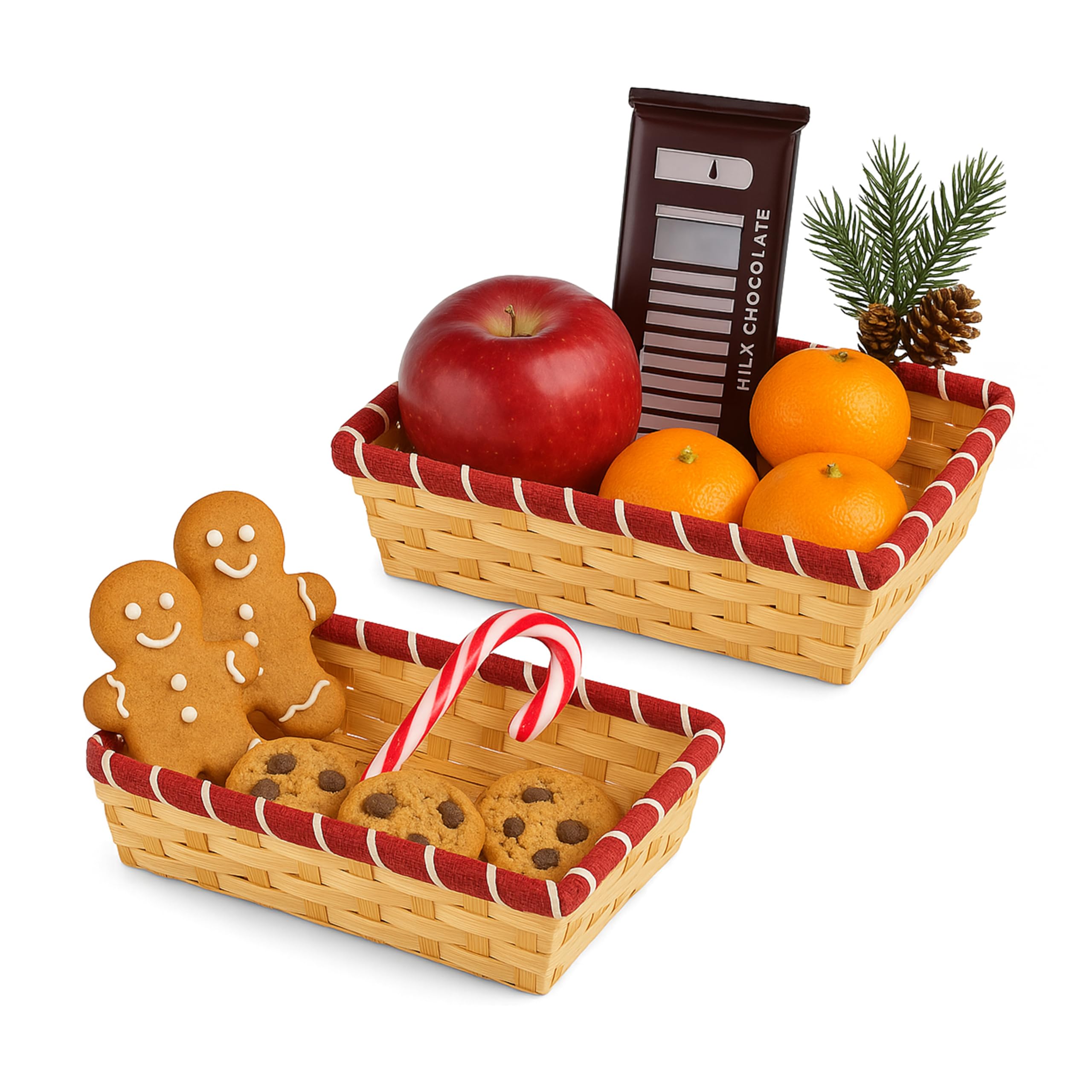 ADEPTNA Rectangle Wicker Hamper Christmas Basket Set of 2 Handmade Natural Split Bamboo Xmas Holiday Hampers, Natural with Red Decorative Trim