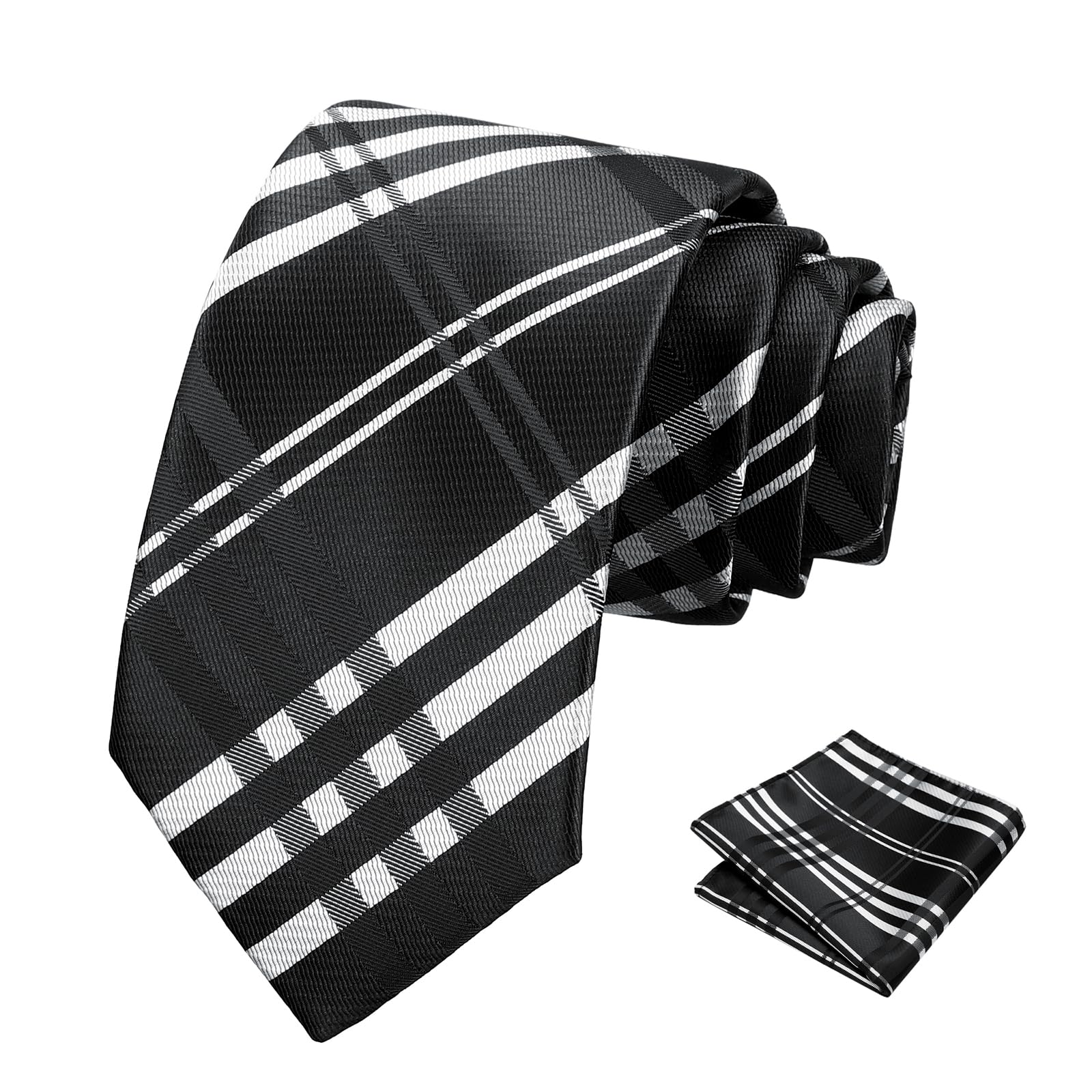 PenSee Mens Black Tie Checkered Tie Classic Necktie 3.15" (8CM) Plaid Ties For Men With Pocket Square Set