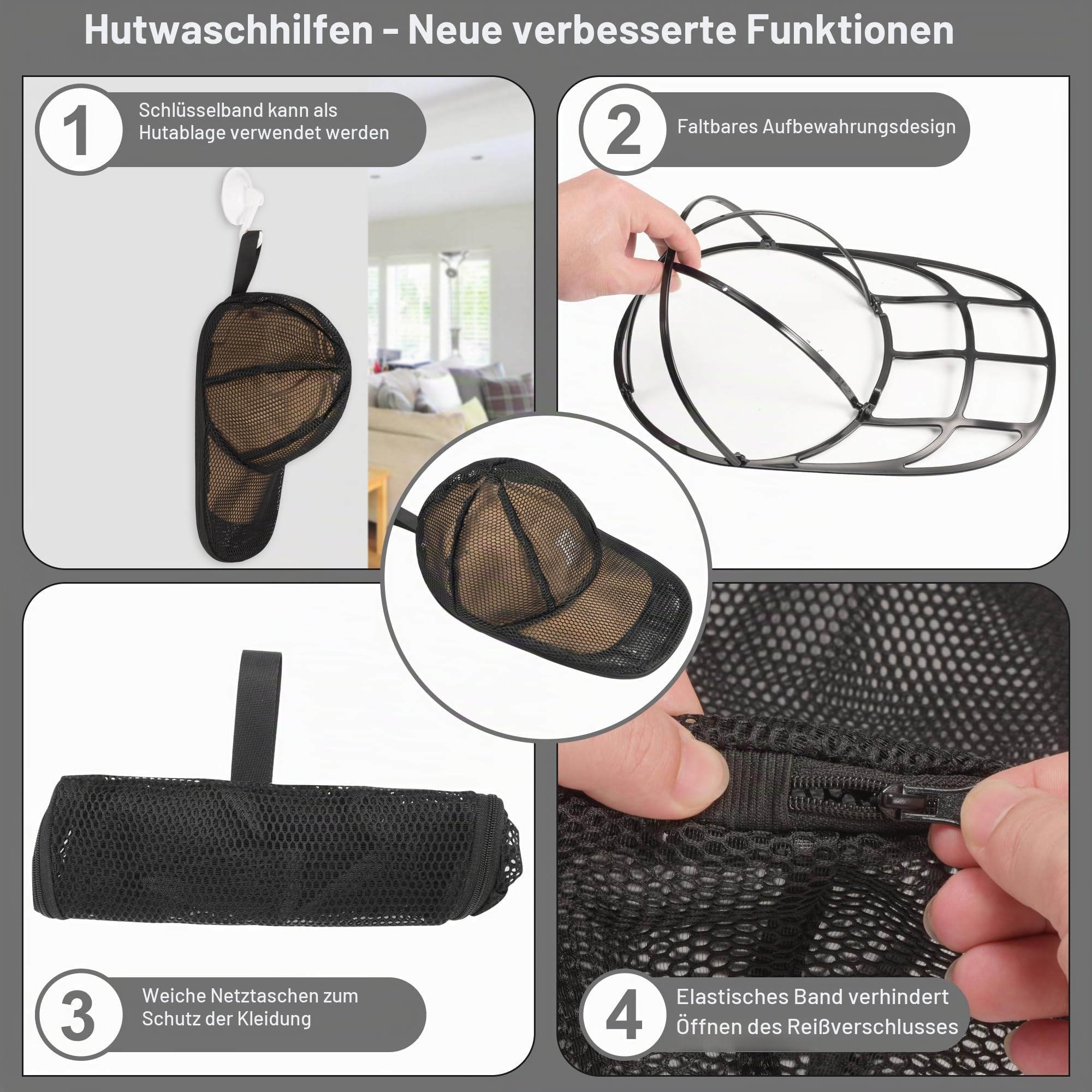Cap Washer für Baseballmützen, Faltbarer Hut-Unterlegscheibe für Waschmaschine oder Geschirrspüler, Baseball Cap Waschgestell Form für Erwachsene und Kinder, 2 Stück, Schwarz