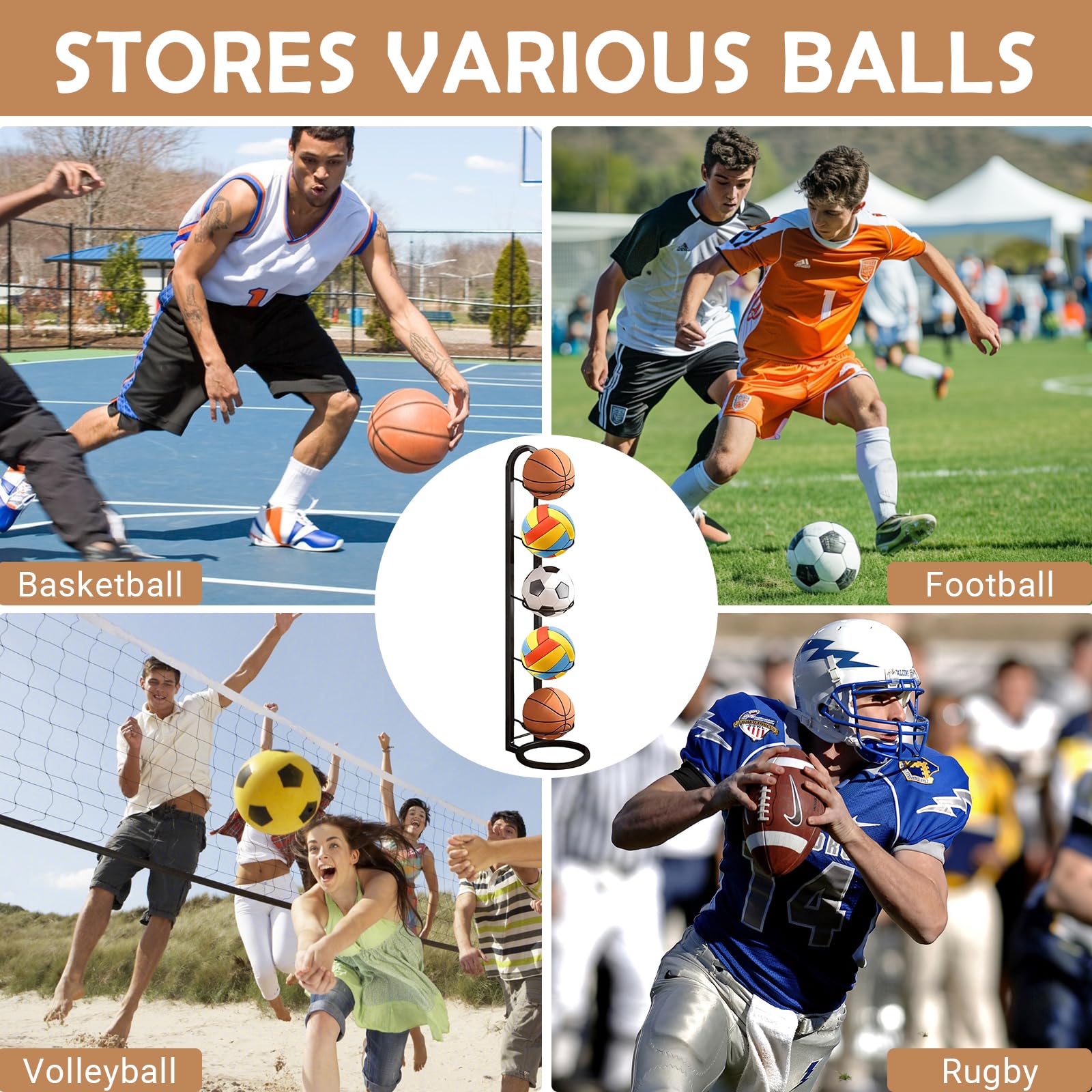 Veebmys 5 Niveles Estante Vertical de Metal, Soporte Extraíble y Compacto, Estante Robusto para Almacenaje de Pelotas, para Baloncesto, Fútbol, Voleibol, Gimnasio — view 7