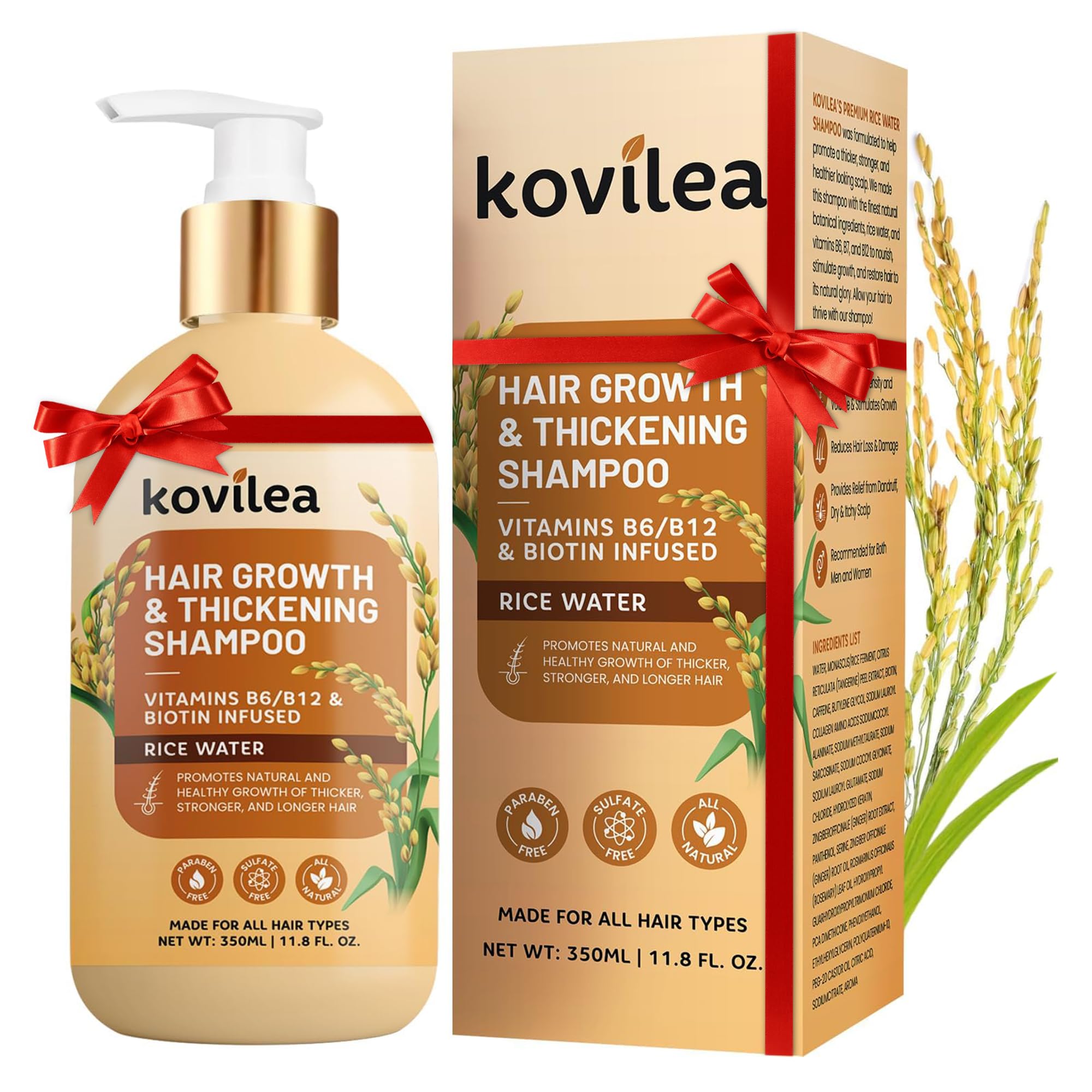Rice Water Hair Growth Shampoo, Natural Rice Water Thickening & Regrowth Formula for Men & Women - Infused with Biotin, Castor Oil, Rosemary, For Weak, Brittle, Thinning Hair & All Hair Types 11.8 Oz