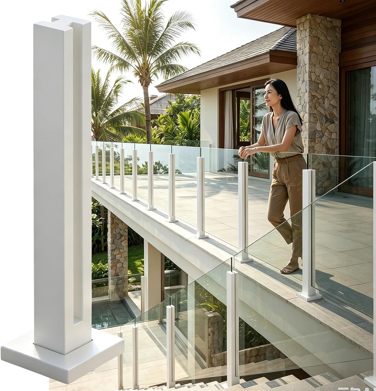 AVLLSO Stair Spindle 10mm Frameless Glass Fence Clamps with Slot and Base, Square Glass Balustrade for Balcony, Deck & Stairs(Mid Post,80cm/31.5 in)