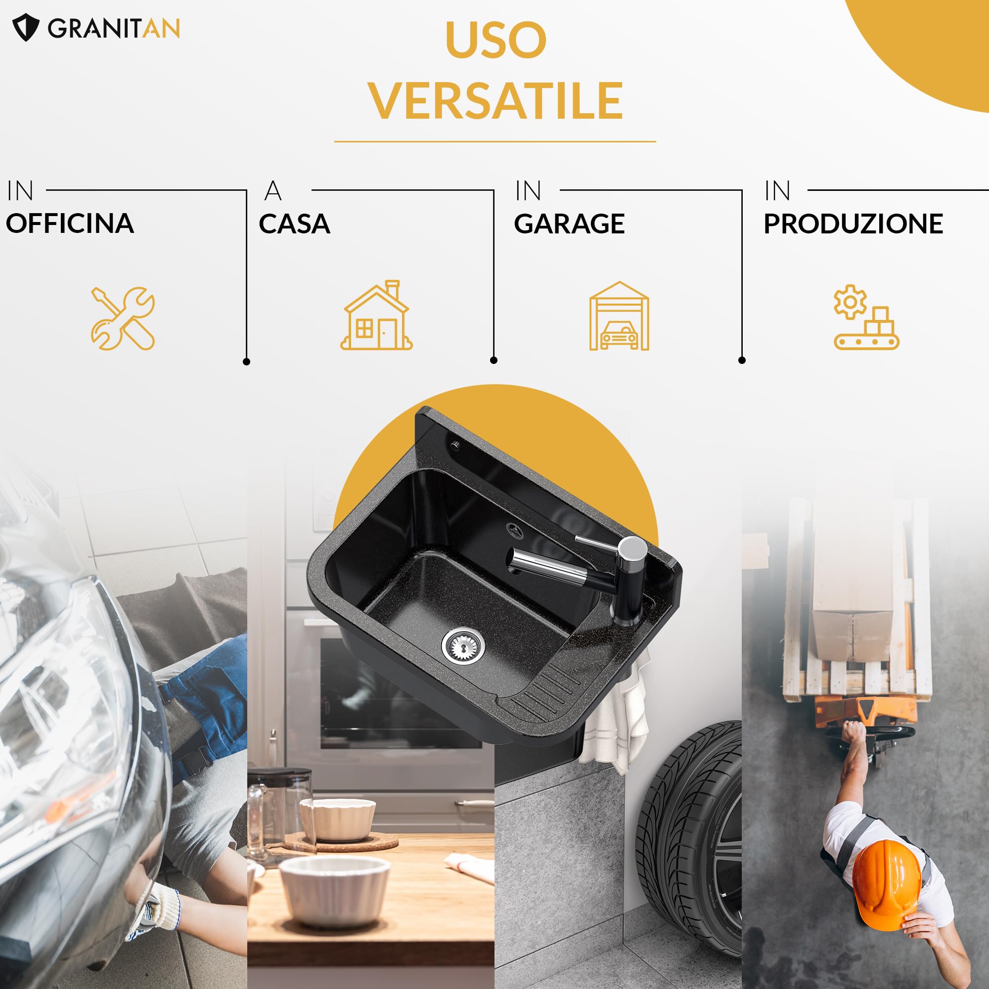 GRANITAN Lavandino da Esterno Moderno per Garage e Lavanderia - Lavatoio per Installazione Interna ed Esterna - Pilozzo da Esterno Giardino - 50x34x31 cm - (Grigio + Rubinetto del Lavello FLEX)
