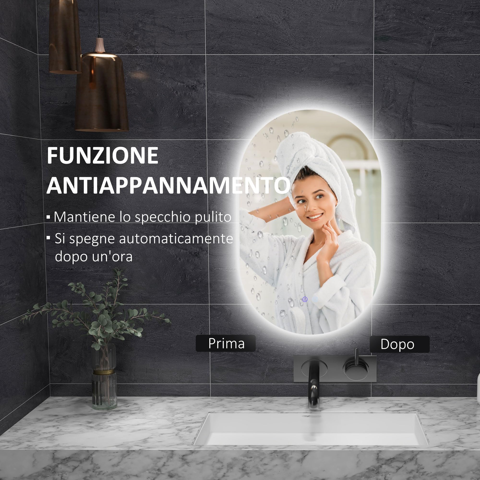 kleankin Specchio da Parete con Luce LED 81x51 cm, 3 Colori 3000-6500K, Luminosità Regolabile, Specchio Bagno Antiappannamento con Funzione Memoria, Interruttori Touch, IP44, Orizzontale/Verticale