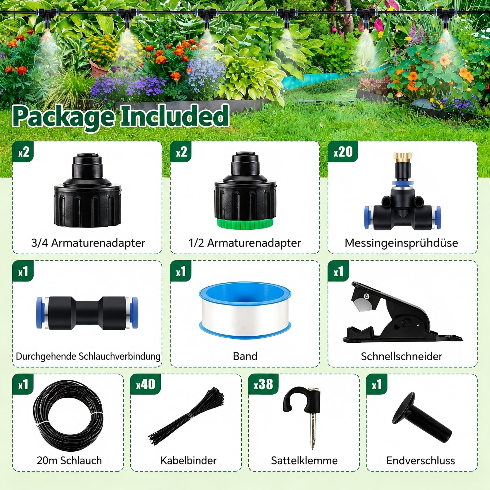 20M Bewässerungssystem Set DIY Garten Bewässerung Kit PE-Schlauch Verstellbares Gartenbewässerung Misting Kühlsystem für Pflanzen Garten, Rasen, Gewächshaus Außenbereich