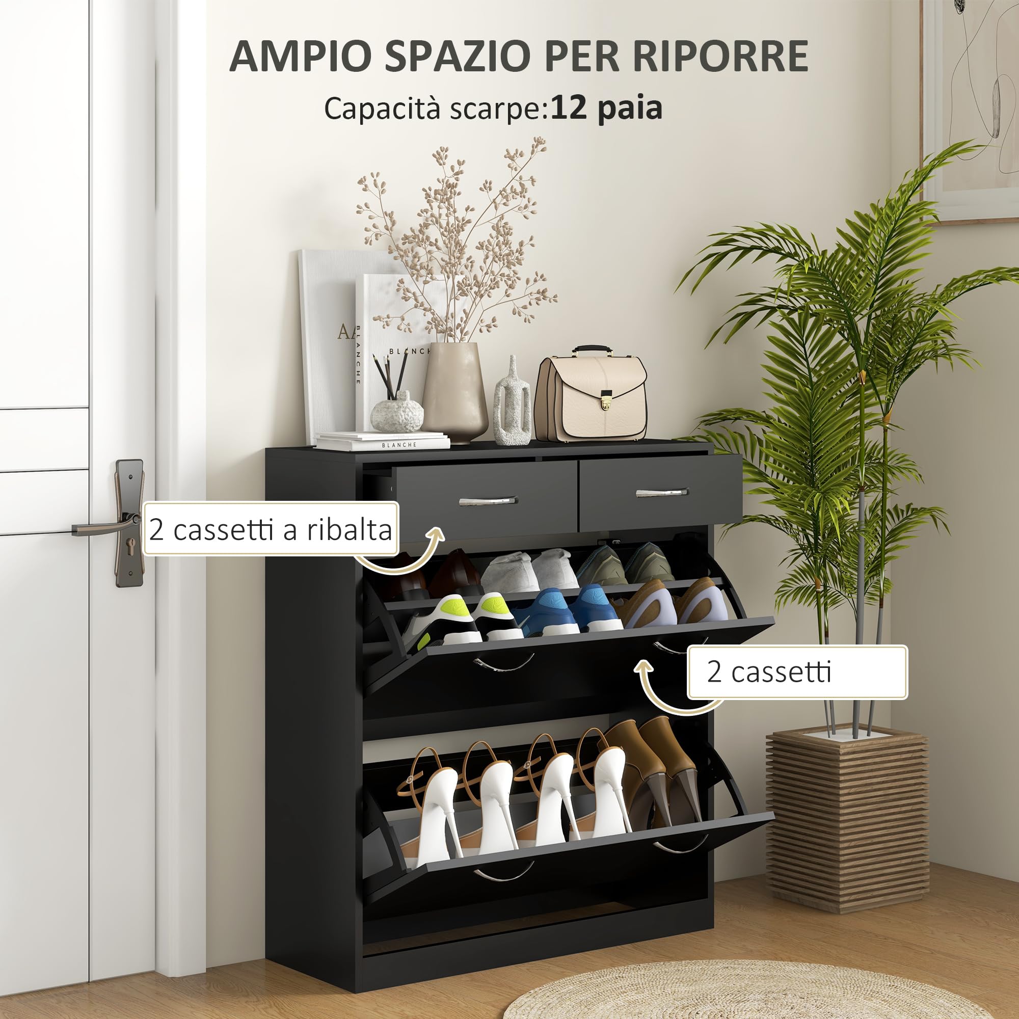 HOMCOM Scarpiera Moderna con 2 Ripiani Interni Regolabili e 2 Cassetti da 12 Paia di Scarpe, Mobile per Scarpe Salvaspazio in Legno, 80x30x91.5 cm, Nero