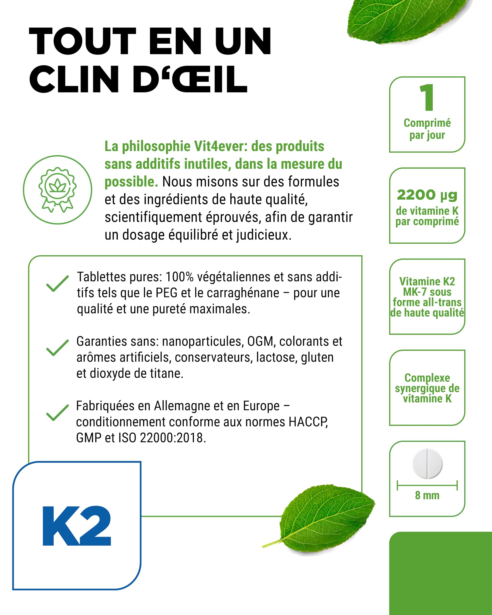 Complexe Vitamine K - 180 Comprimés - Hautement Dosé avec 1 000 µg de Vitamine K1 + K2 Ménaquinone (1 000 µg MK4 + 200 µg MK7) - Sans additifs inutiles, Vegan