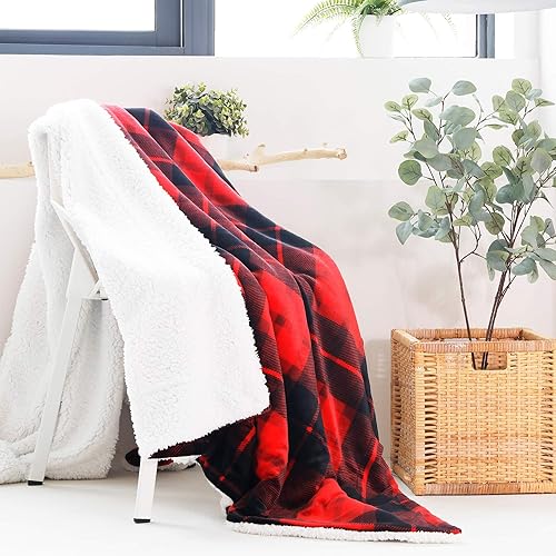 Miniatura 5 de SOCHOW Manta de forro polar Sherpa a cuadros de doble cara, súper suave y lujosa, 60 x 80 pulgadas, color rojo