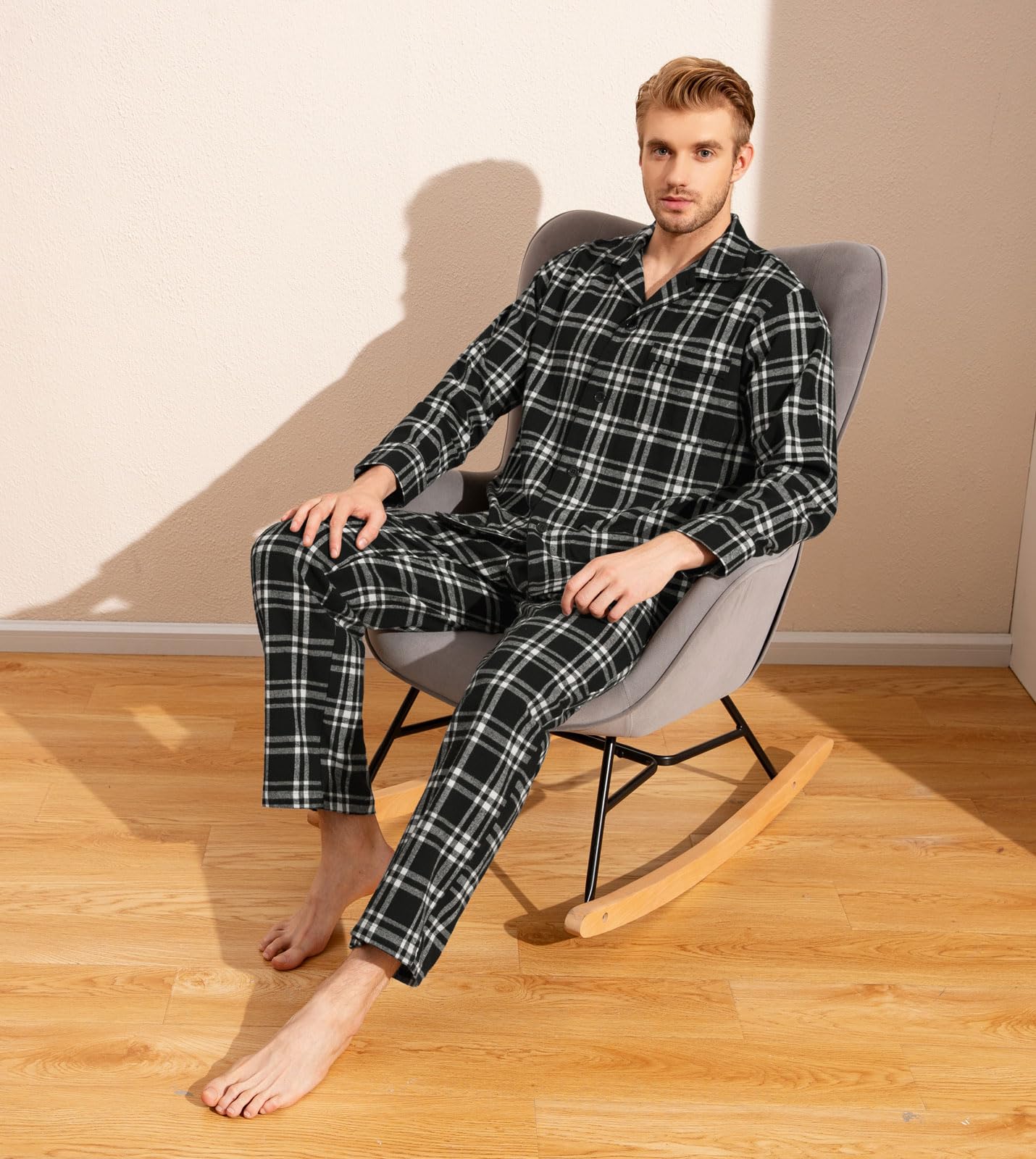 LAPASA Pijama Hombre Invierno 100% Algodón Franela Ropa Dormir a Cuadros Camiseta Manga Larga y Pantalón Largo Calido Estar en Casa Comodo M79/M95