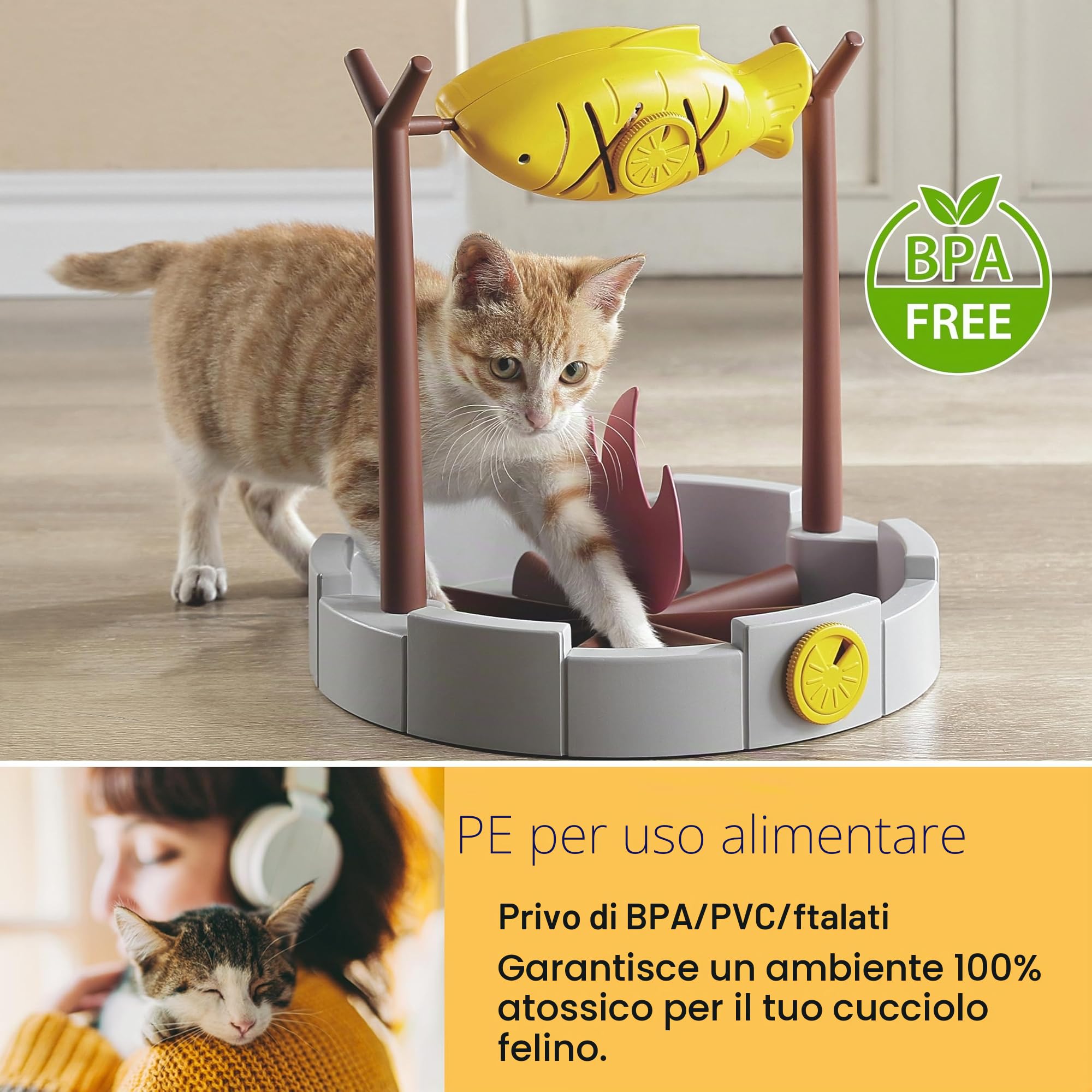 PetPals Dispenser di cibo secco per gatti, 28 cm di altezza, per cibo secco per gatti, ciotola per snack a alimentazione lenta, pesce alla griglia giocattolo per gatti