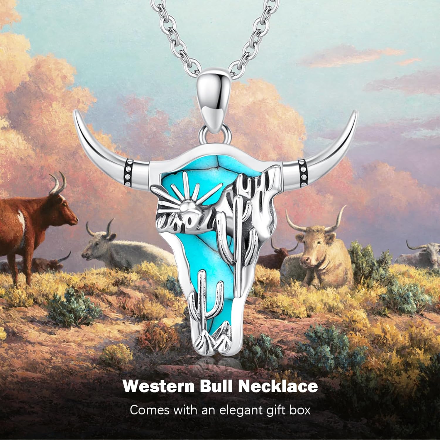 Midir&Etain Western Necklace 925 Sterling Silver Turquoise Pendant Highland Cow/Cow Skull/Hat/Tag/Cactus/Boot Cowgirl Country Jewelry for Women Men - Image 7