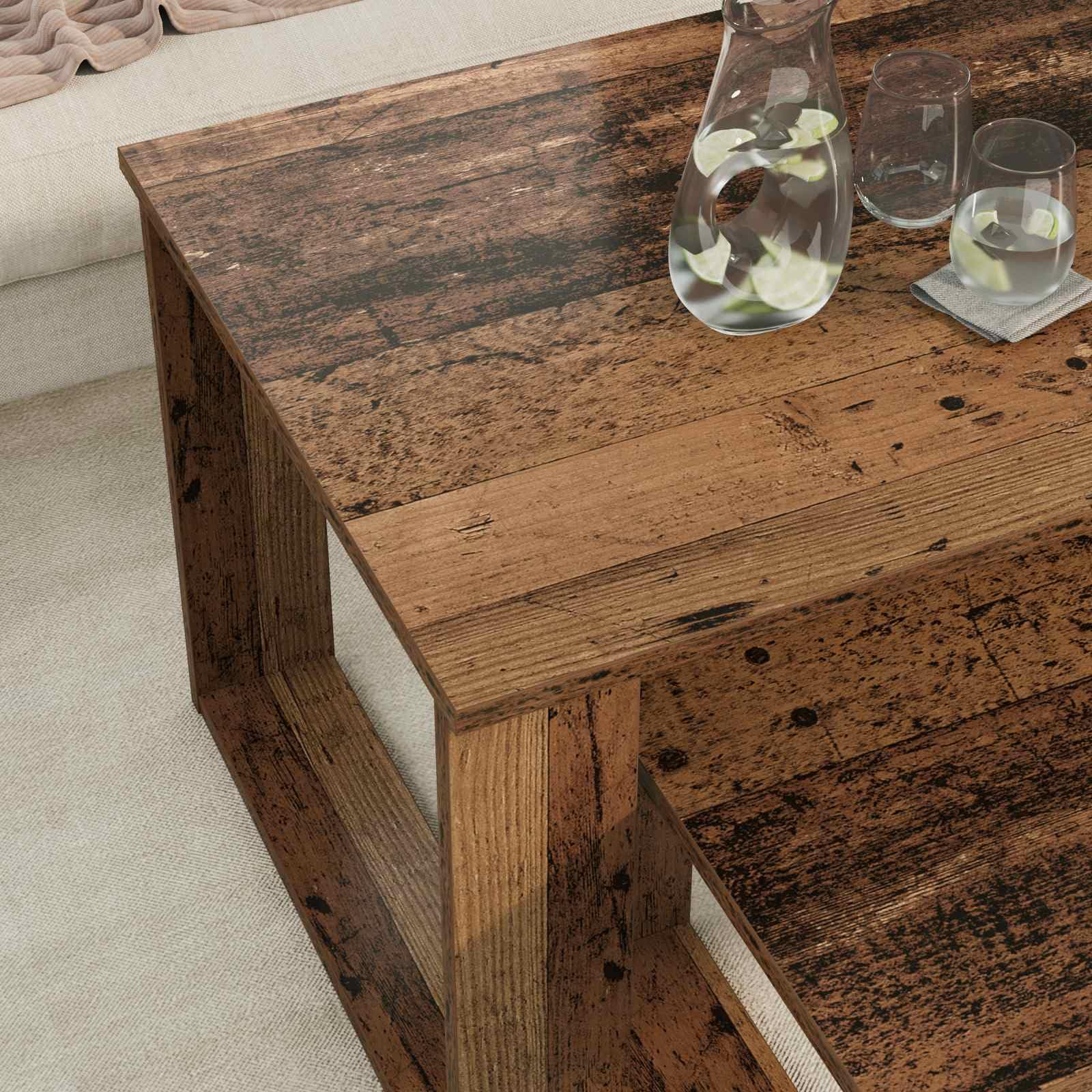 Juego de mesa de café de 2 piezas, madera vieja, 100 x 50 x 42 y 77,5 x 40 x 30,5 cm, diseño moderno, robusto y duradero, para salón, balcón, dormitorio, como mesa auxiliar pequeña