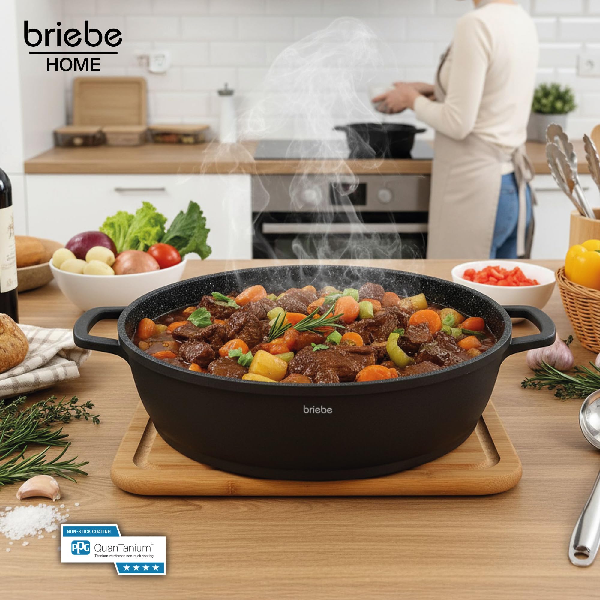 briebe Black Titanium Cacerola Baja de Cocina Inducción Antiadherente Titanio, Cazuela 28cm, Aluminio Fundido, Recubrimiento sin PFOA, Tapa Cristal, Asas Silicona, Vitrocerámica, Gas, Horno