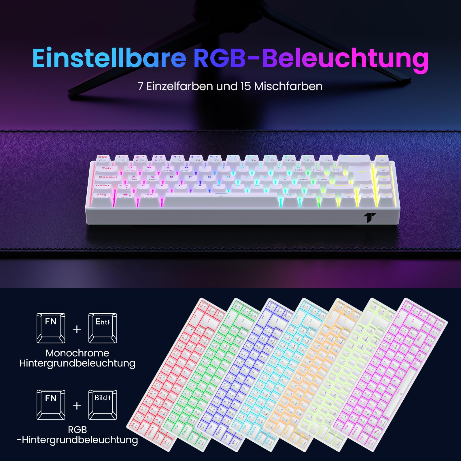 TECURS Klawiatura mechaniczna gamingowa bezprzewodowa klawiatura RGB QWERTZ Bluetooth / 2,4 G/podświetlana kablem 65% TKL czerwony przełącznik do iPhone'a/Android/PC/Mac / PS4, biała