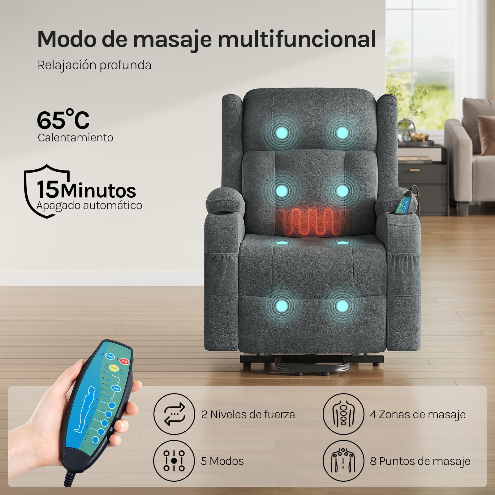 WOLTU Sillón Reclinable Eléctrico, Sillón Relax de Masaje con Ayuda para Levantarse, con Calefacción de Masaje, Reposapiés, Bolsillos, Portavasos, Puerto USB, Tela de Rizo, Gris, SKS61gr