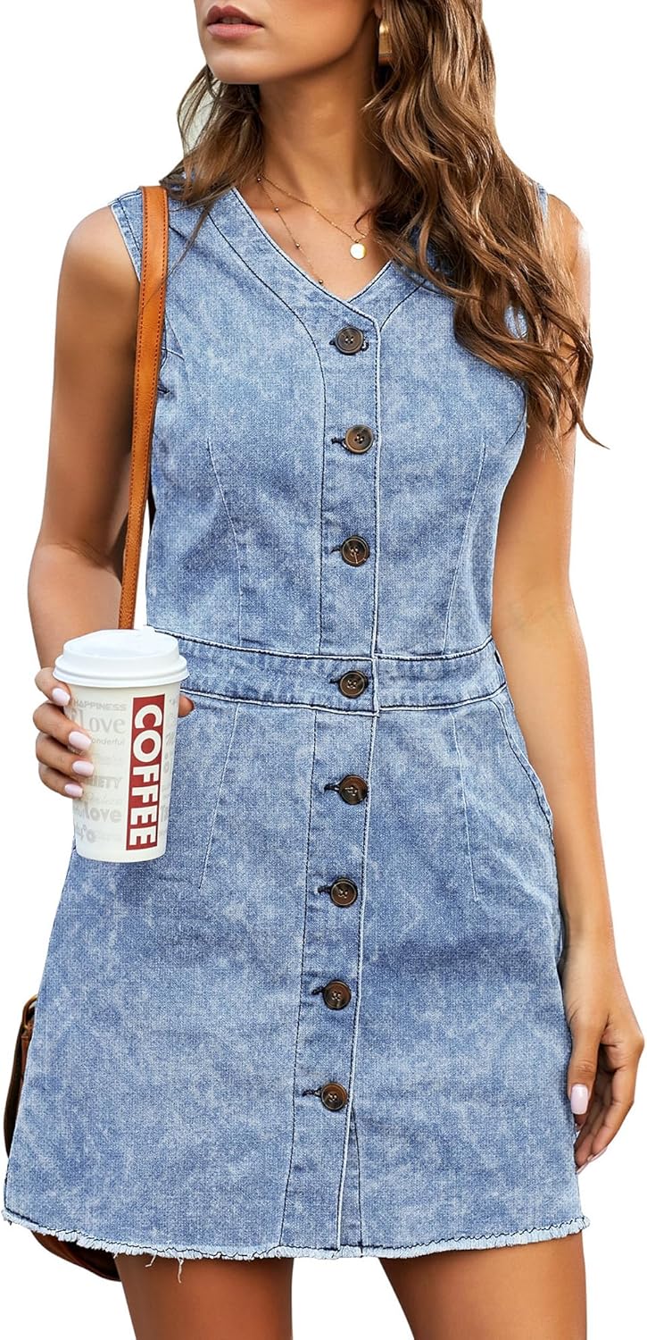 LookbookStore Women Sleeveless V Neck Button Down Frayed Hem Short Denim Dress - Image 3