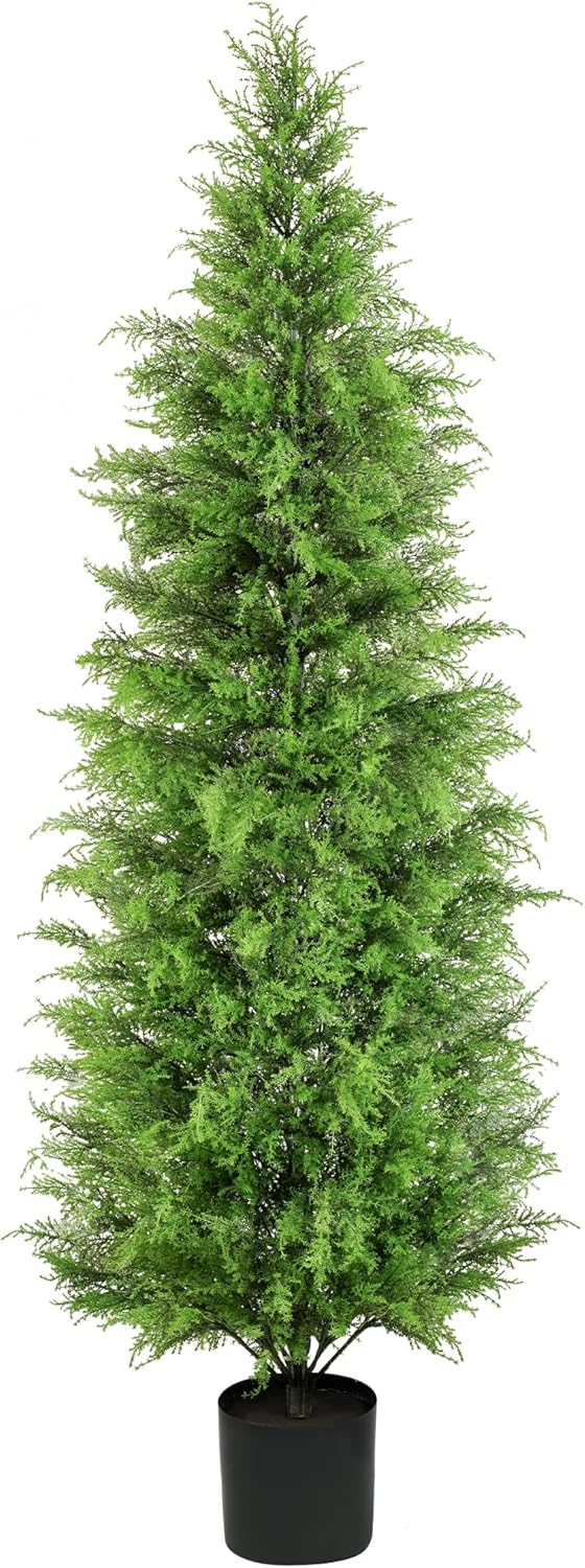72 in Artificial Cedar Tree One Set, 6FT SEVENLOVE Potted Cedar Tree Topiary Artificial Plant Shrub for Front Porch Home Office Decor (1 6FT)