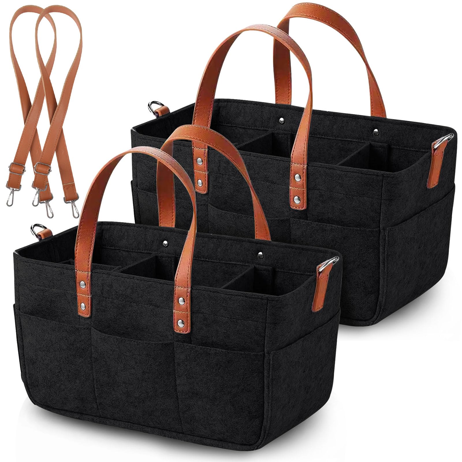 Anhow 2er Filztasche Einkaufskorb, 16L Filztasche Einkaufstasche mit Fächern Shopper für Outdoor Trips, Picknick, Einkaufen, Aufbewahrung - Schwarz/ 38x23x18 cm